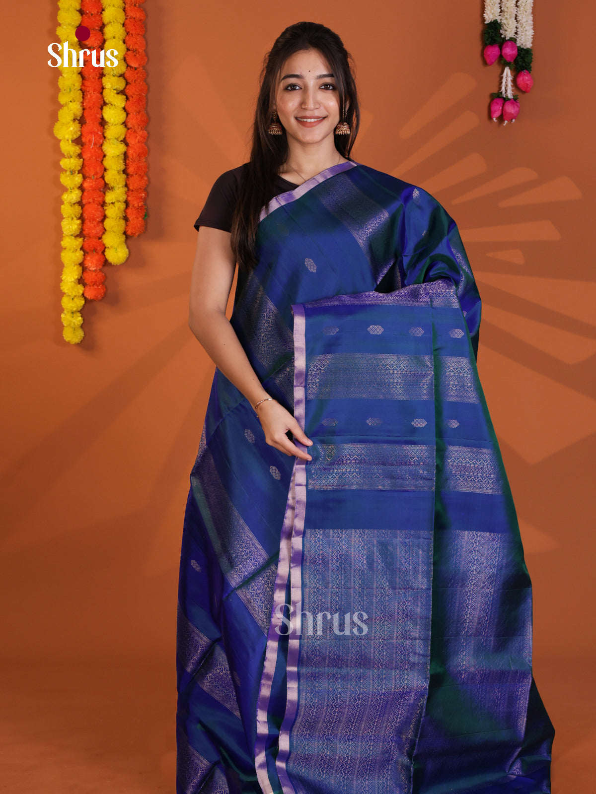 Vibrant Blue single tone Soft Silk Saree with zari buttas & strapes - Shop on Shrus.com
