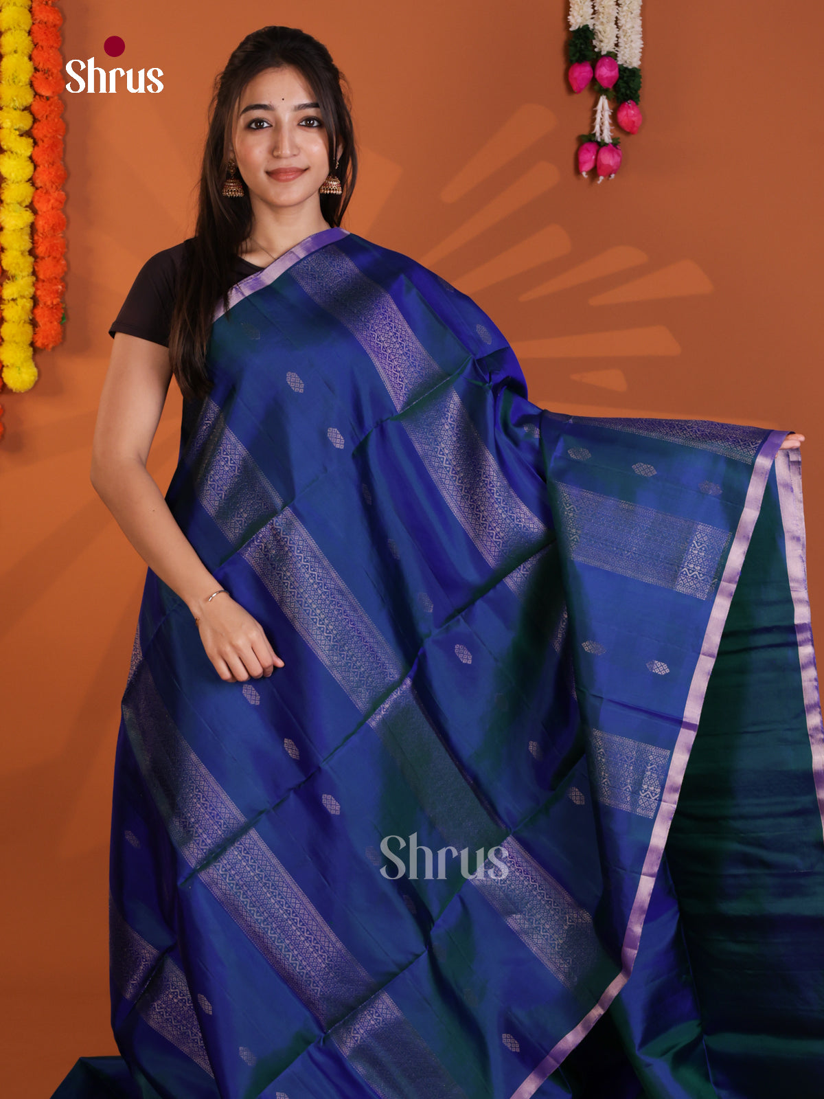 Vibrant Blue single tone Soft Silk Saree with zari buttas & strapes - Shop on Shrus.com