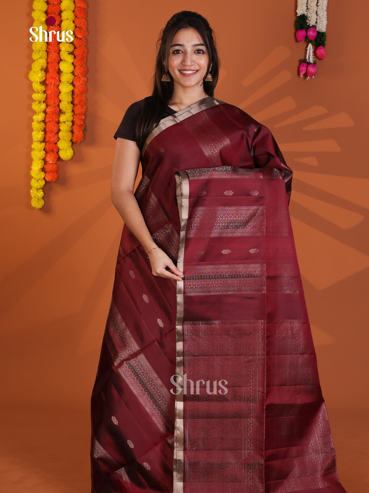 Classy Maroon single Tone Soft Silk Saree with zari buttas , strapes - Shop on Shrus.com