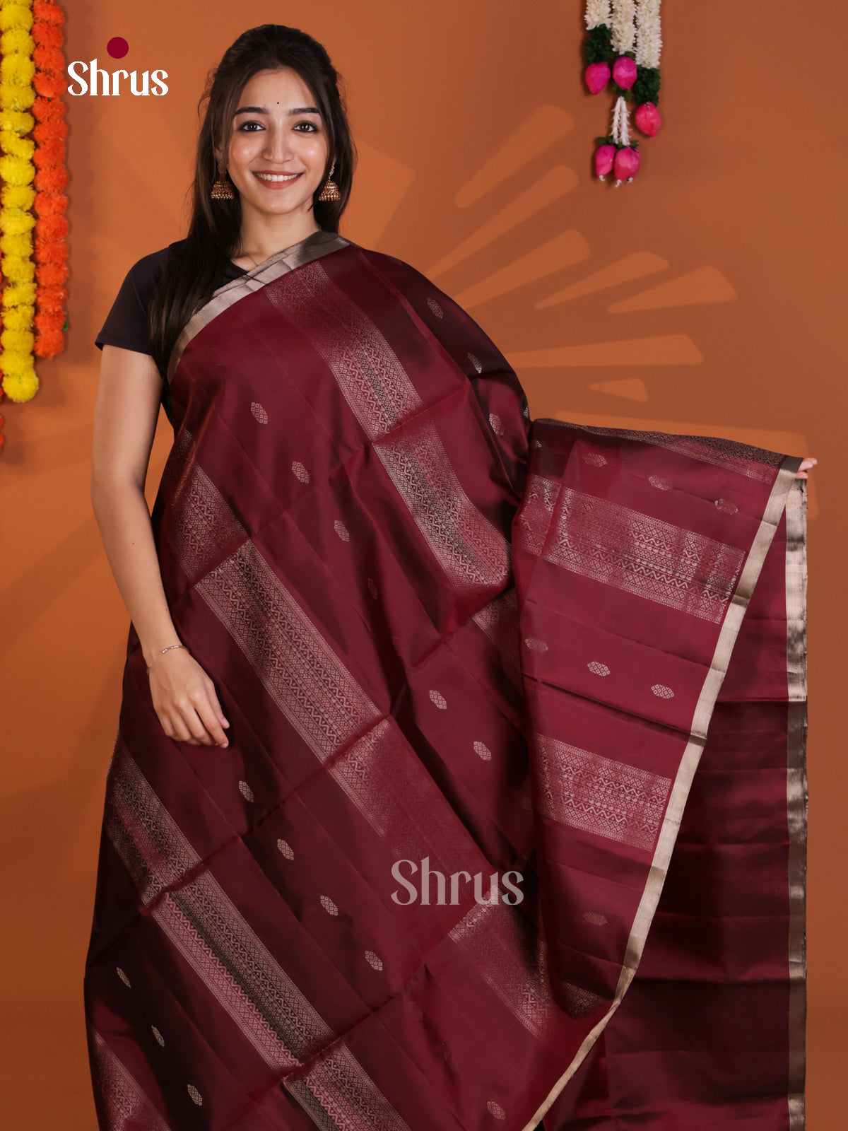 Classy Maroon single Tone Soft Silk Saree with zari buttas , strapes - Shop on Shrus.com