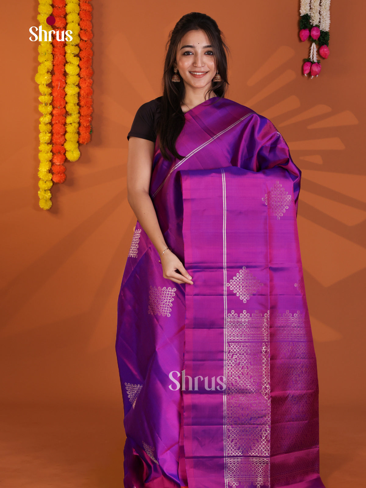 Elegant Vadamalli  Soft Silk Saree with zari kolam buttas & Brocade pallu - Shop on Shrus.com