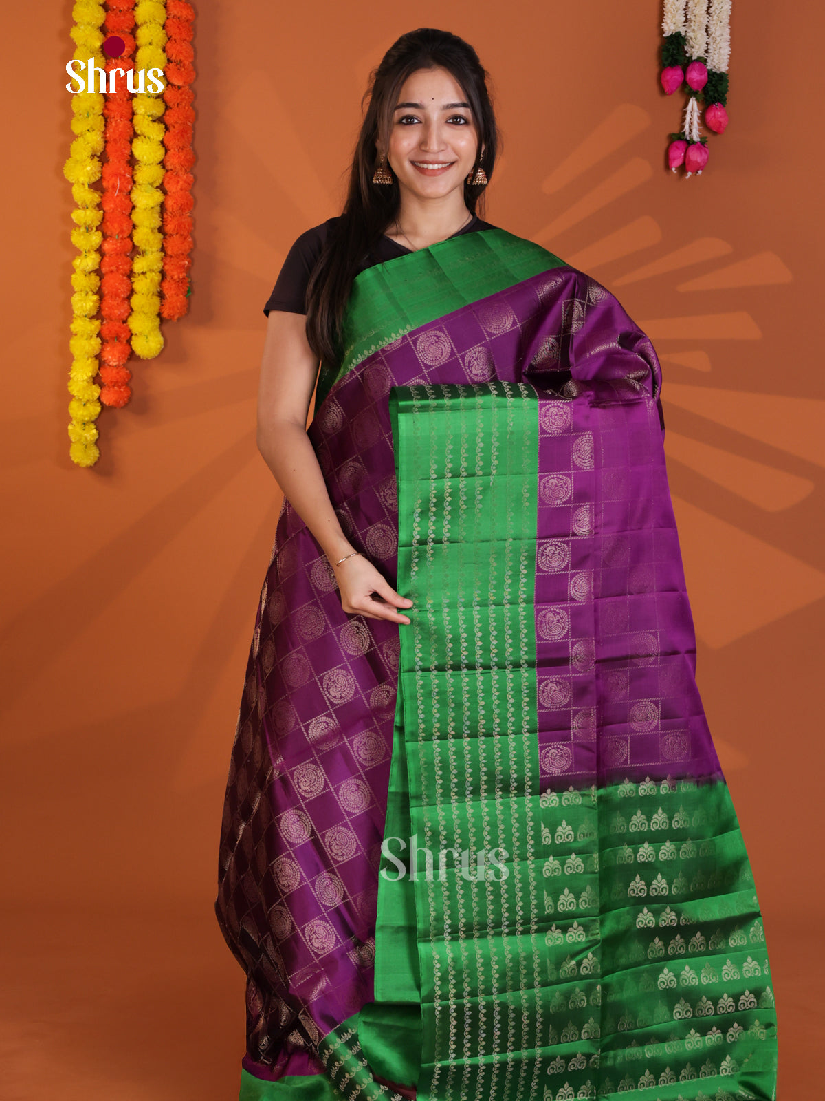 Stunning Vadamalli & Green  Soft Silk Saree with zari checks & Peacock in round motifs