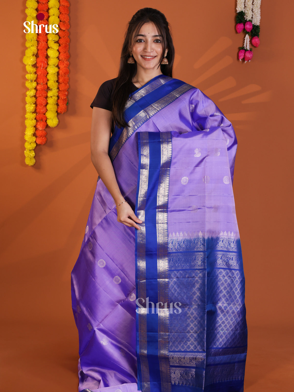 Splendid Lilac & blue  Soft Silk Saree with zari peacock, floral buttas - Shop on Shrus.com