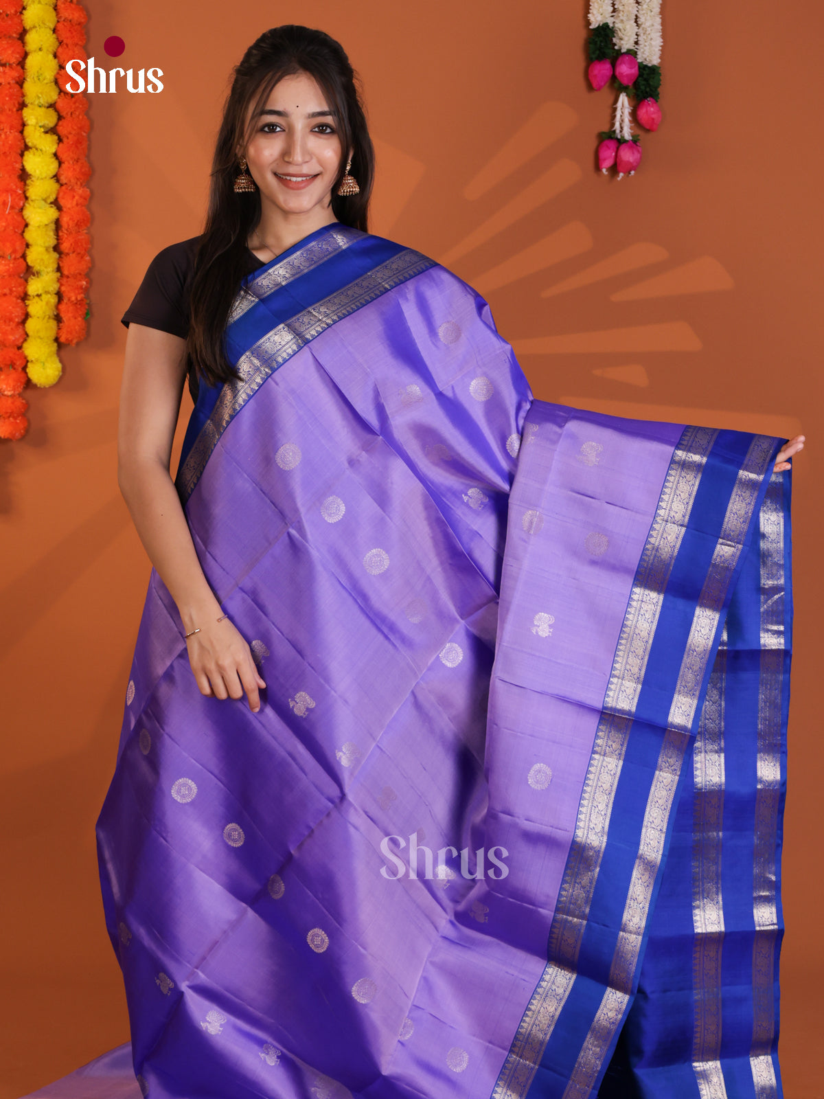 Splendid Lilac & blue  Soft Silk Saree with zari peacock, floral buttas - Shop on Shrus.com