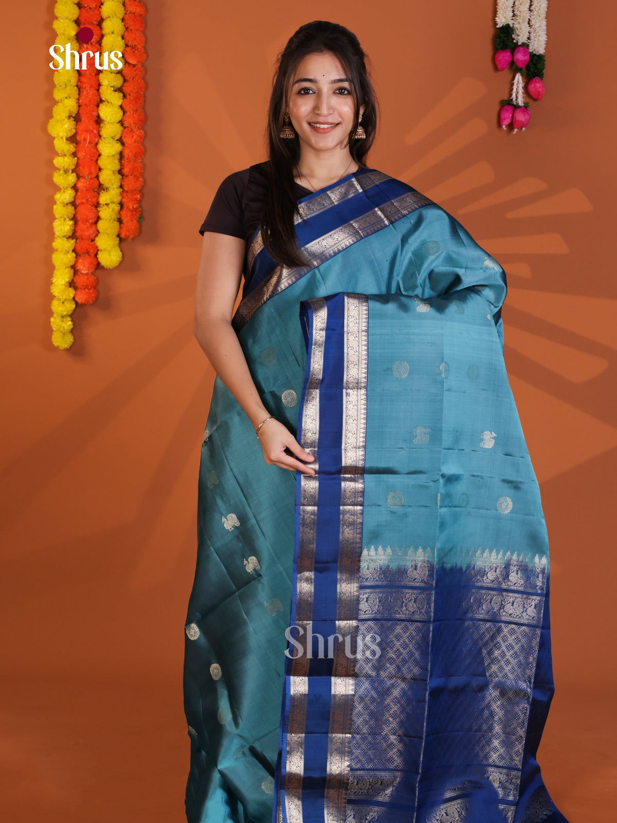Pretty Blue & dark Blue Soft Silk Saree with zari peacock , round buttas & rettaipet border - Shop on Shrus.com