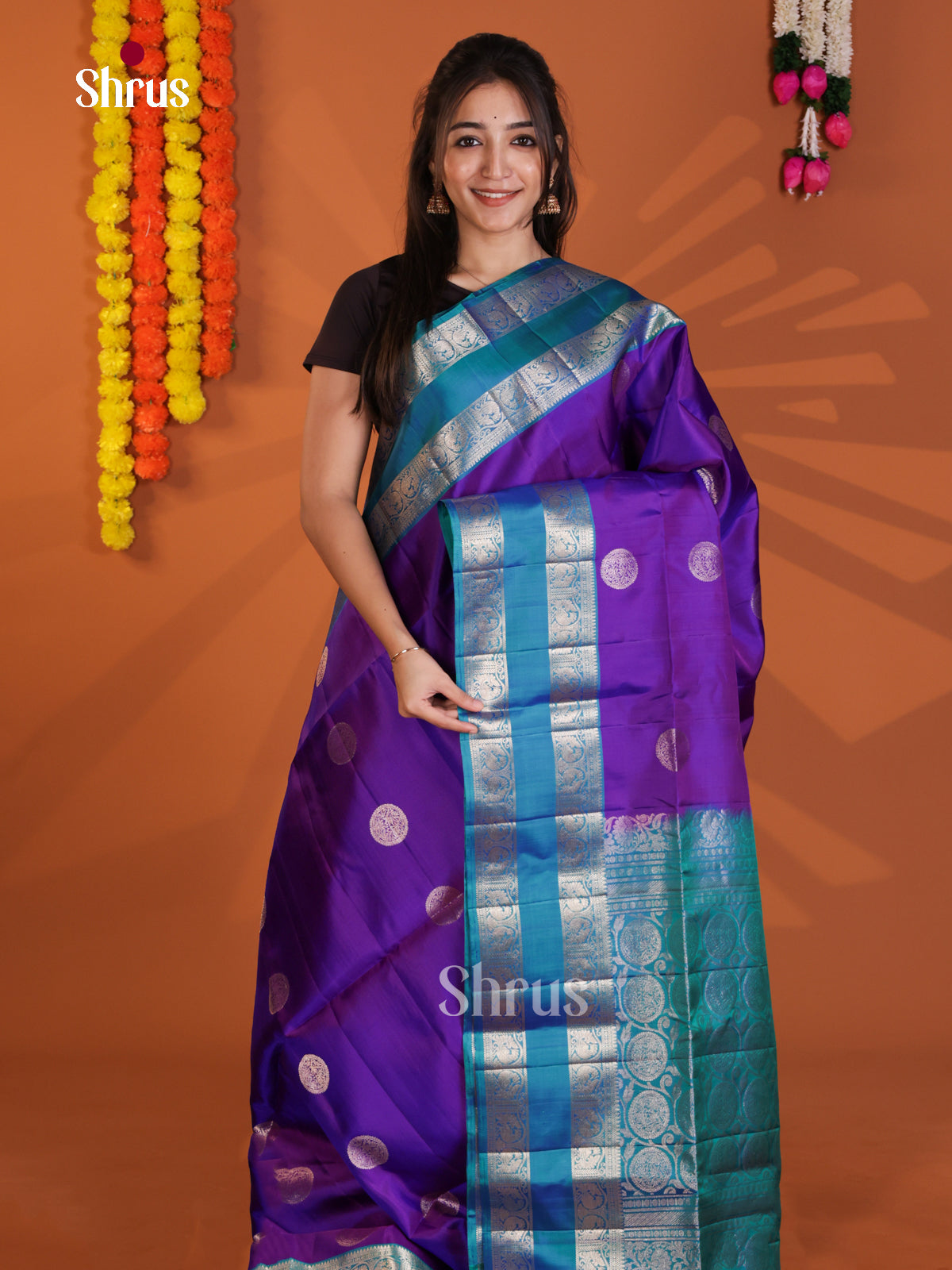 Lustrous Purple & Blue Soft Silk Saree with zari motifs & rettaipet border - Shop on Shrus.com