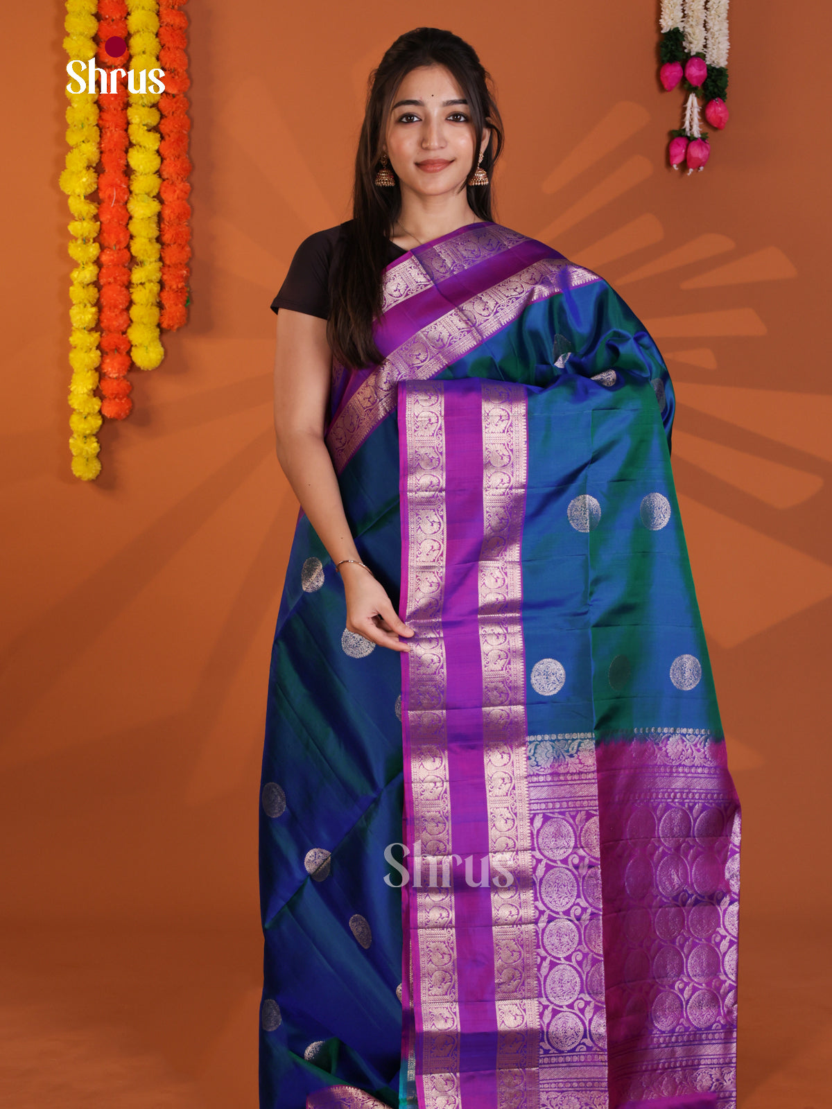 Gorgeous Blue &  Purple Soft Silk Saree with round motifs & rettaipet Border - Shop on Shrus.com