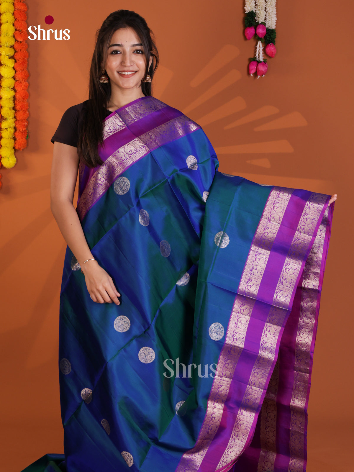 Gorgeous Blue &  Purple Soft Silk Saree with round motifs & rettaipet Border - Shop on Shrus.com