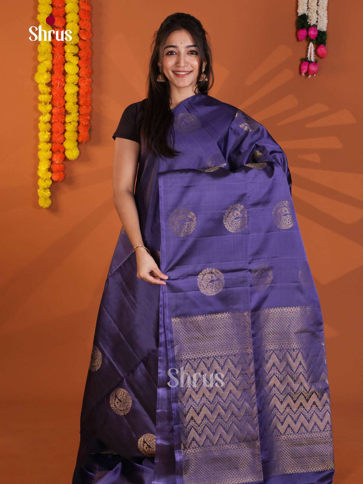 Elegant Blue Soft Silk Saree with zari peacock motifs - Shop on Shrus.com