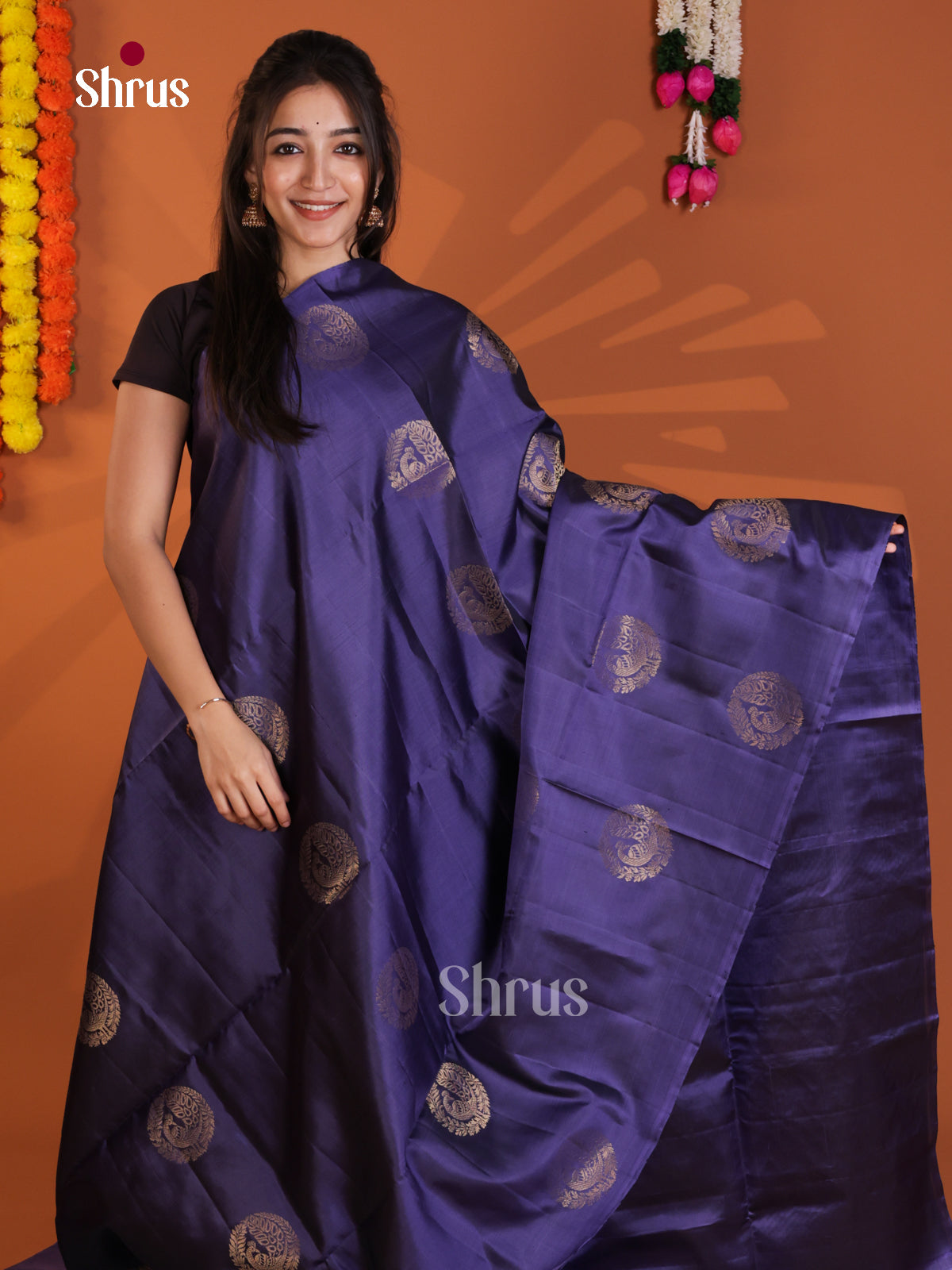 Elegant Blue Soft Silk Saree with zari peacock motifs - Shop on Shrus.com