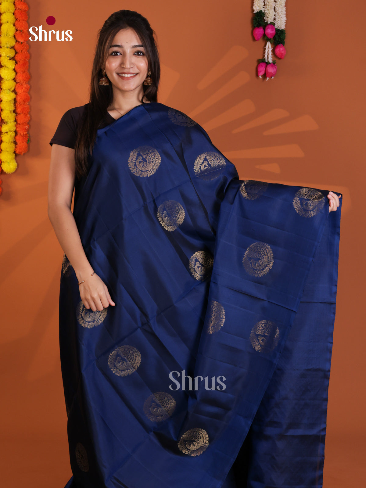 Vibrant Blue Single Tone Soft Silk Saree with zari Peacock in round motifs - Shop on Shrus.com