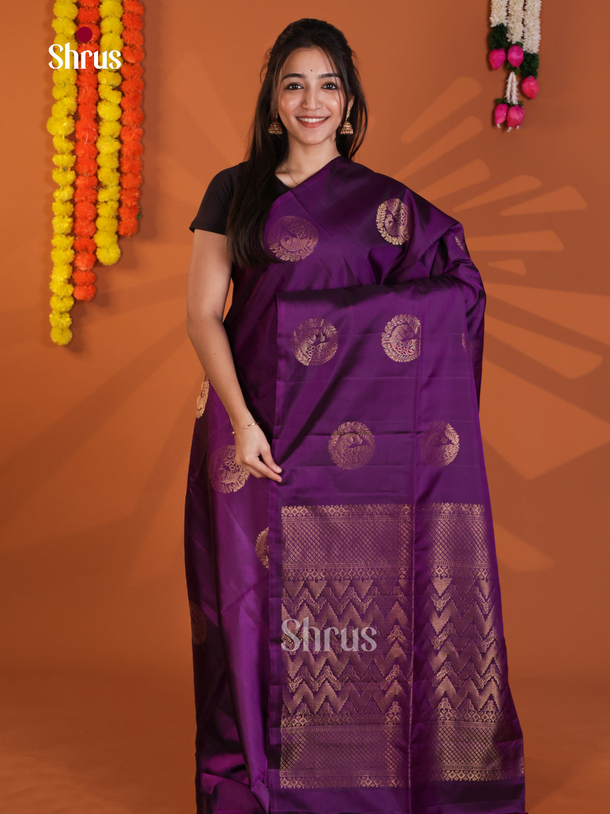 Elegant Violet Soft Silk  Saree with gold zari peacock motifs - Shop on Shrus.com