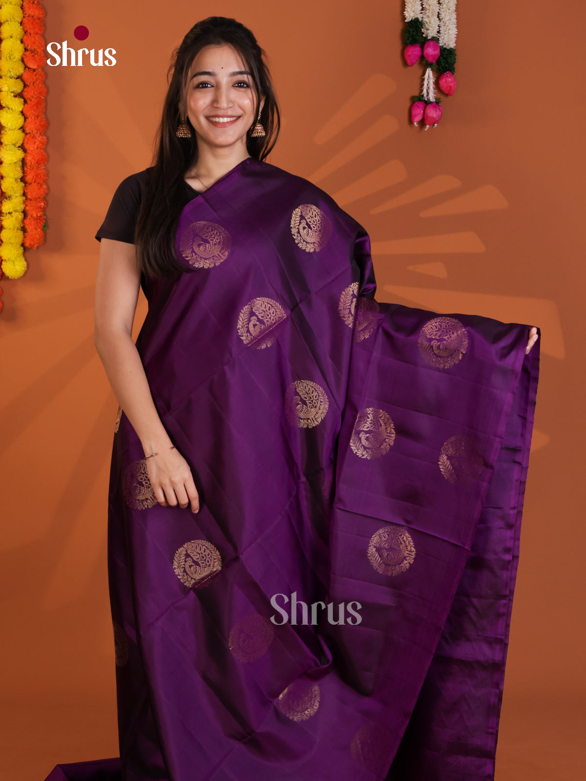 Elegant Violet Soft Silk  Saree with gold zari peacock motifs - Shop on Shrus.com