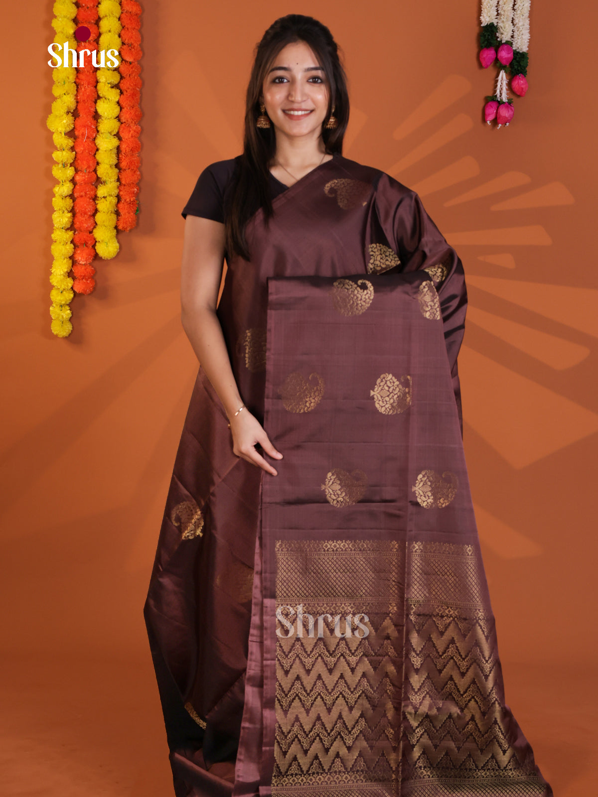 Pretty Brown Soft Silk Saree with gold zari paisleys motifs & wavy brocade pallu - Shop on Shrus.com