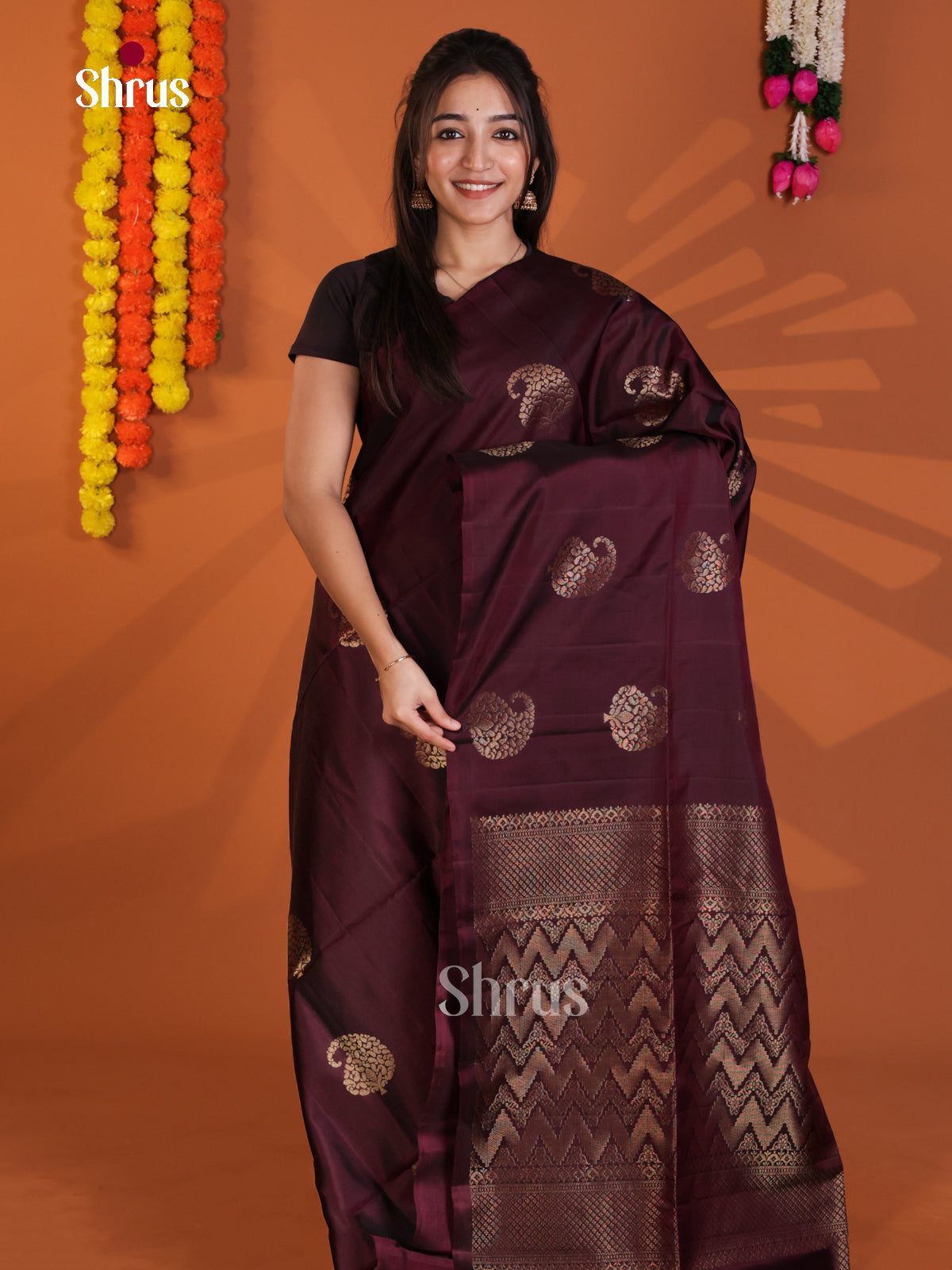 Classy Maroon single Tone Soft Silk Saree with zari paisleys motifs - Shop on Shrus.com