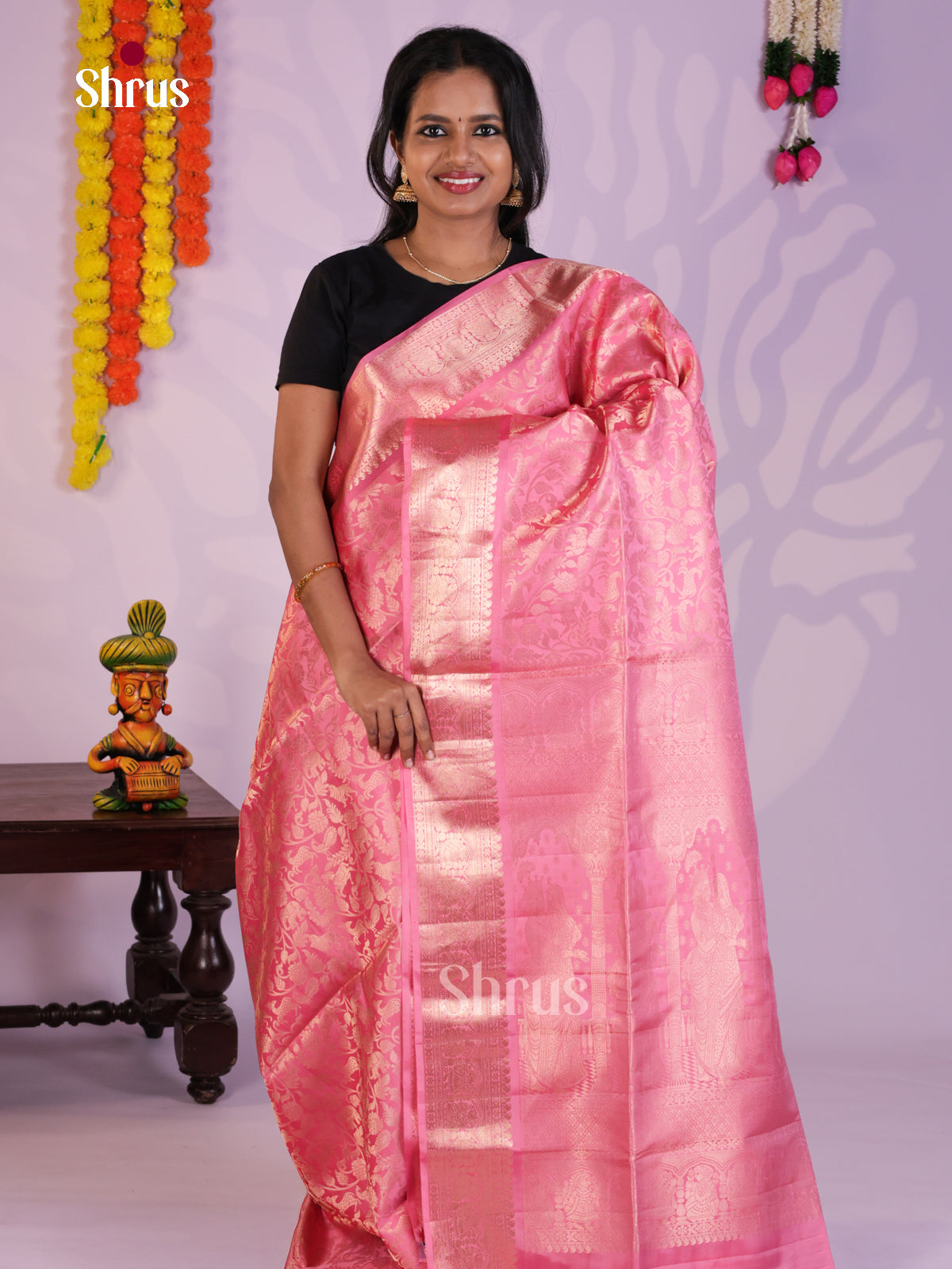 Gorgeous Pink single tone Soft Silk  Saree with vanashingaram zari  brocade - Shop on Shrus.com