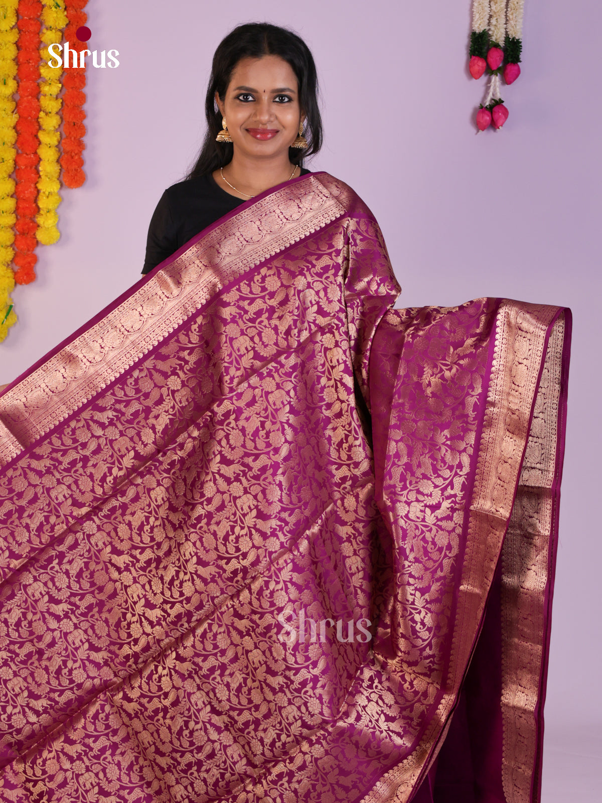 Dazzling Purple Soft Silk  Saree with zari vanashingaram floral brocade