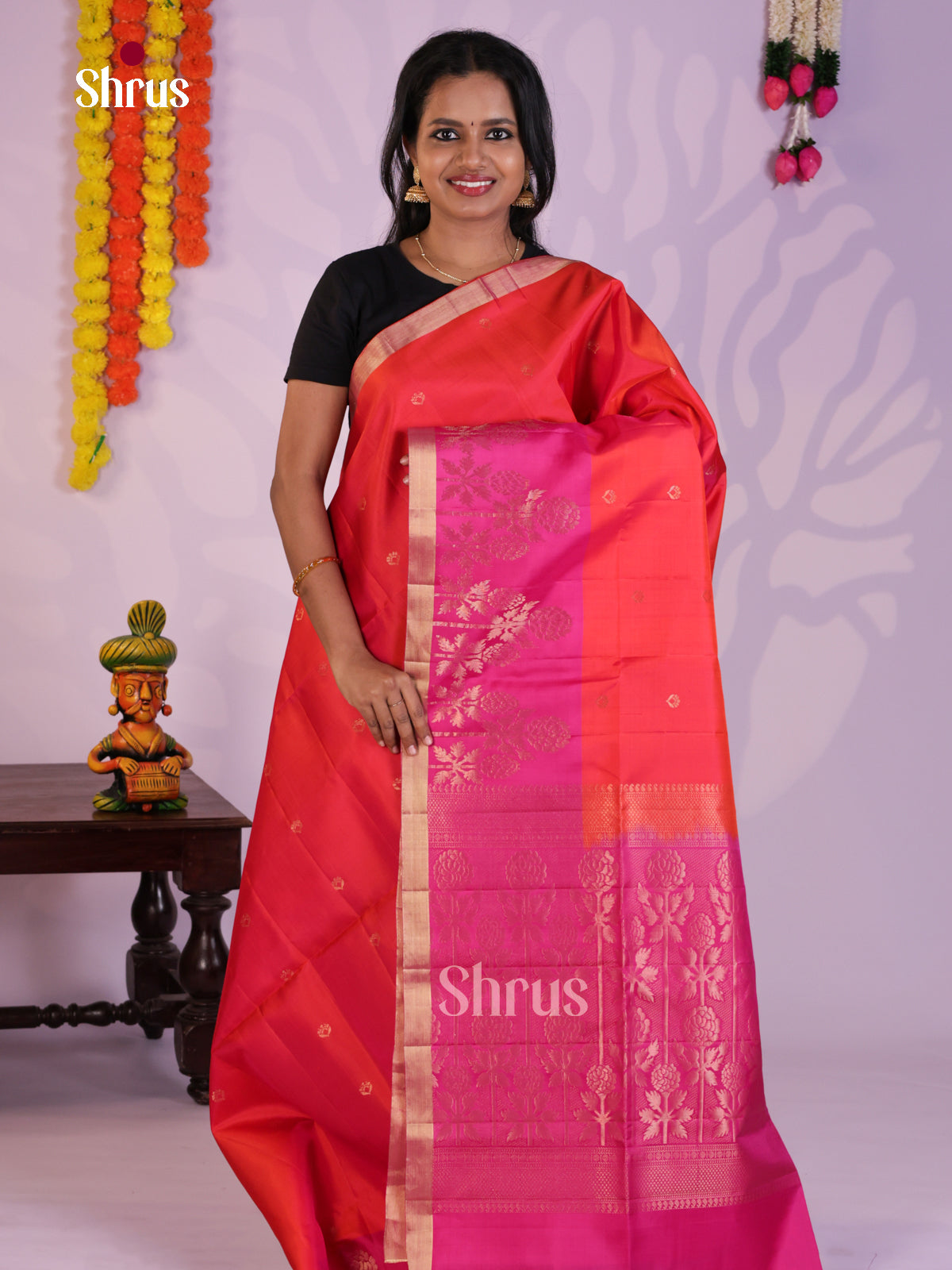 Radiant Orange & Pink Soft Silk Saree with zari buttas & Brocade pallu