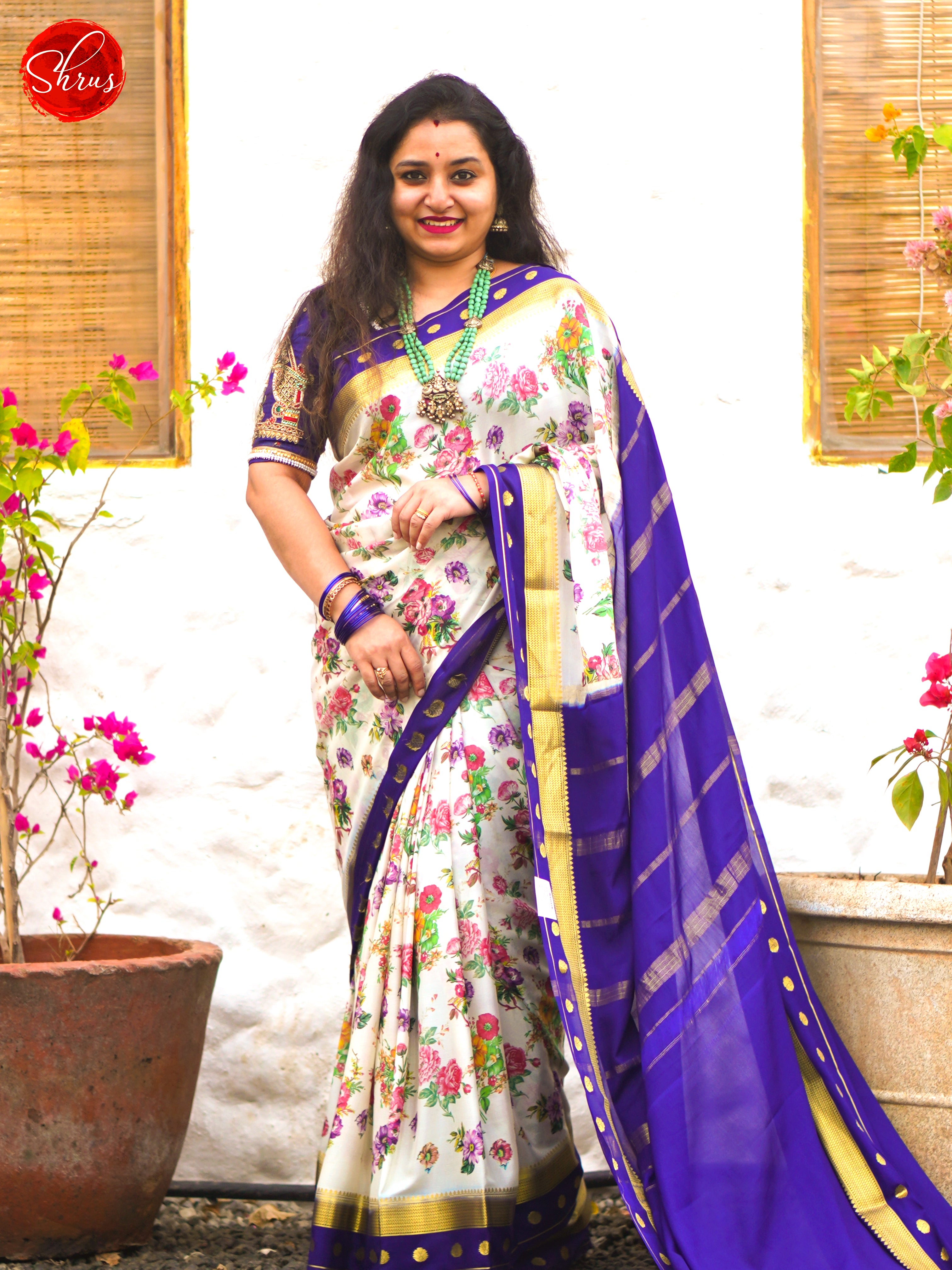 Cream And Blue- Mysore Silk saree - Shop on ShrusEternity.com