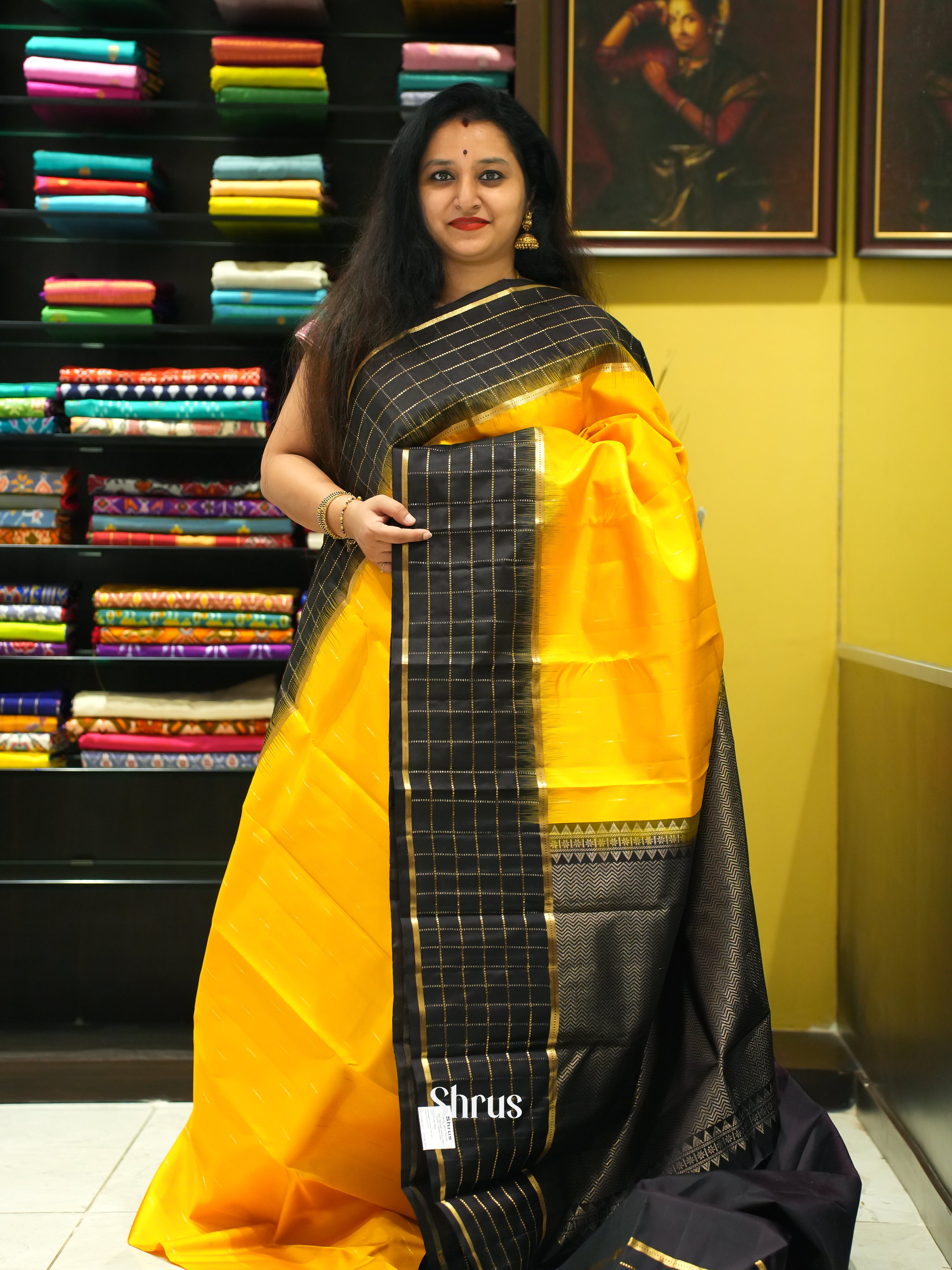 Yellow & Black  - Soft Silk Saree