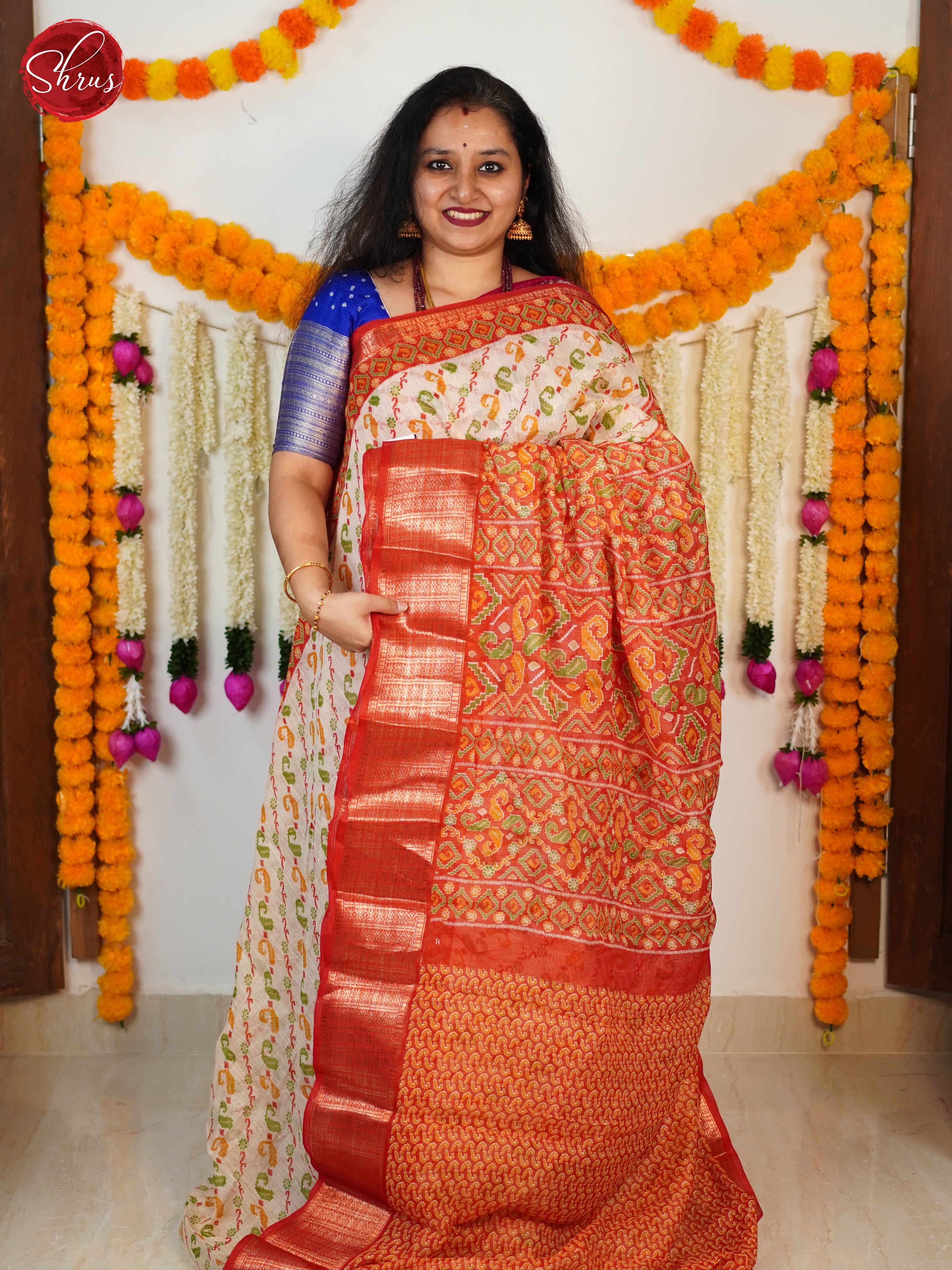 Cream & Red  - Semi Gicha Saree - Shop on ShrusEternity.com