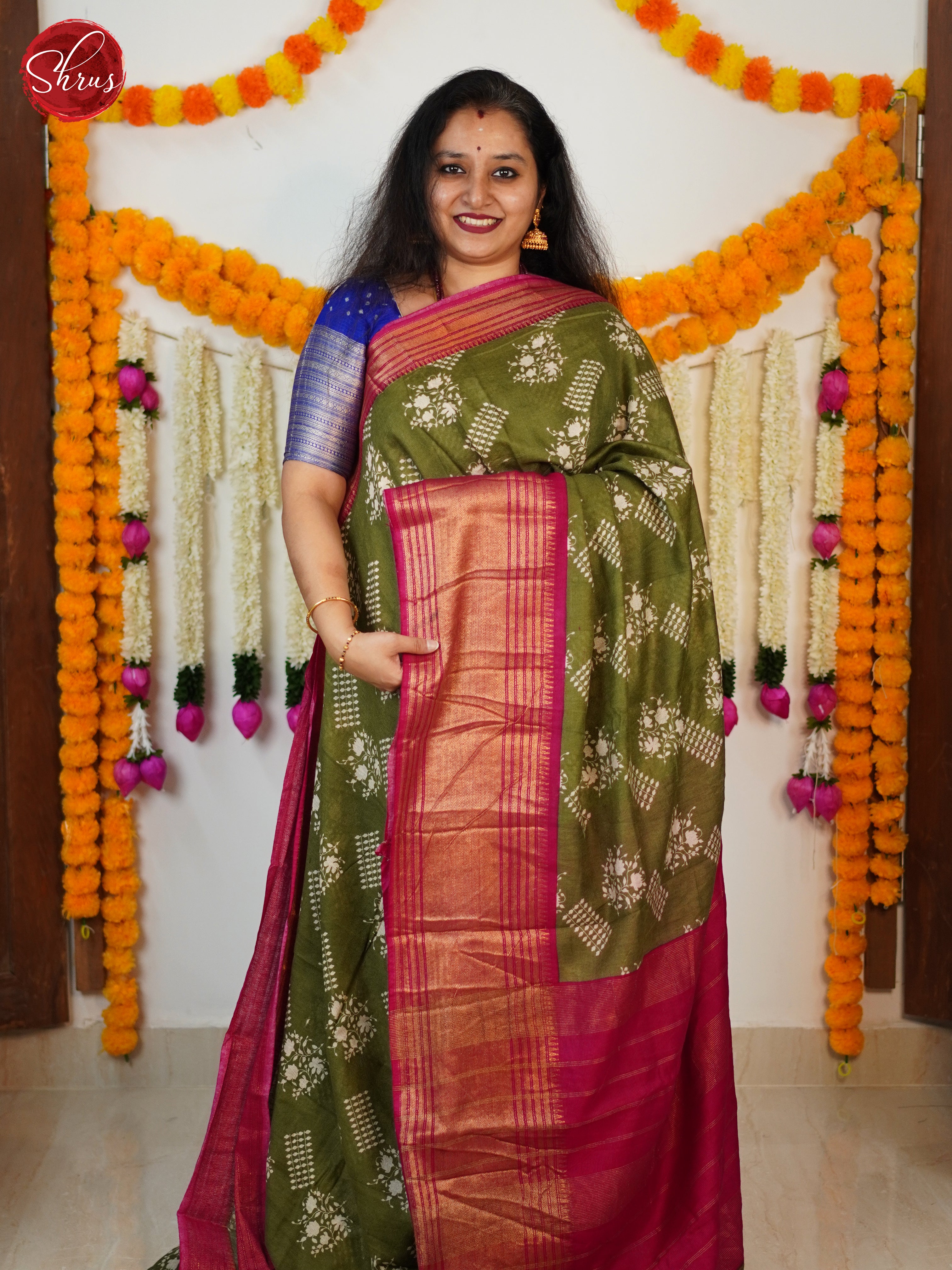 Green &  Pink  - Semi Tussar Saree - Shop on ShrusEternity.com