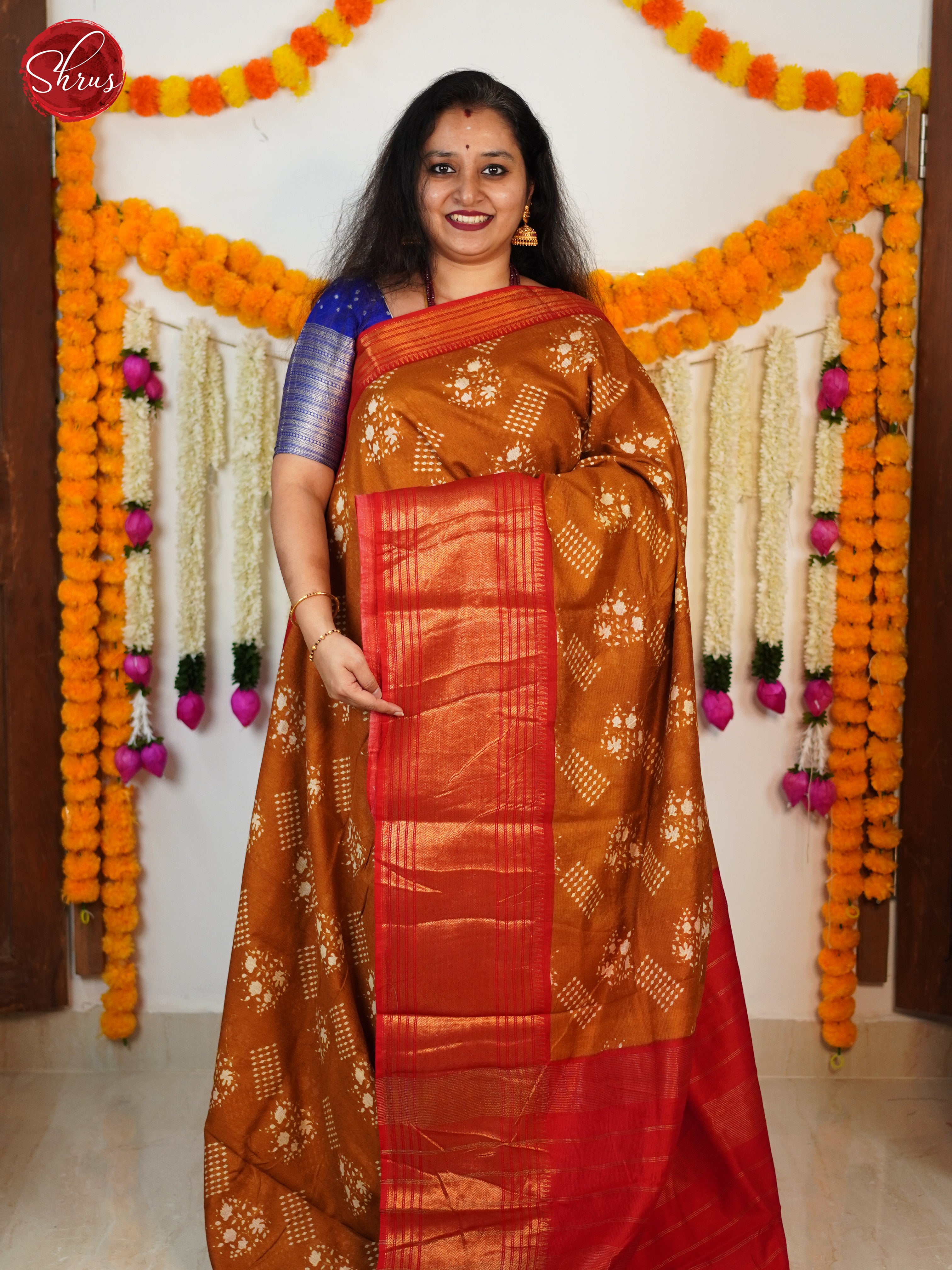 Honey & Red  - Semi Tussar Saree - Shop on ShrusEternity.com