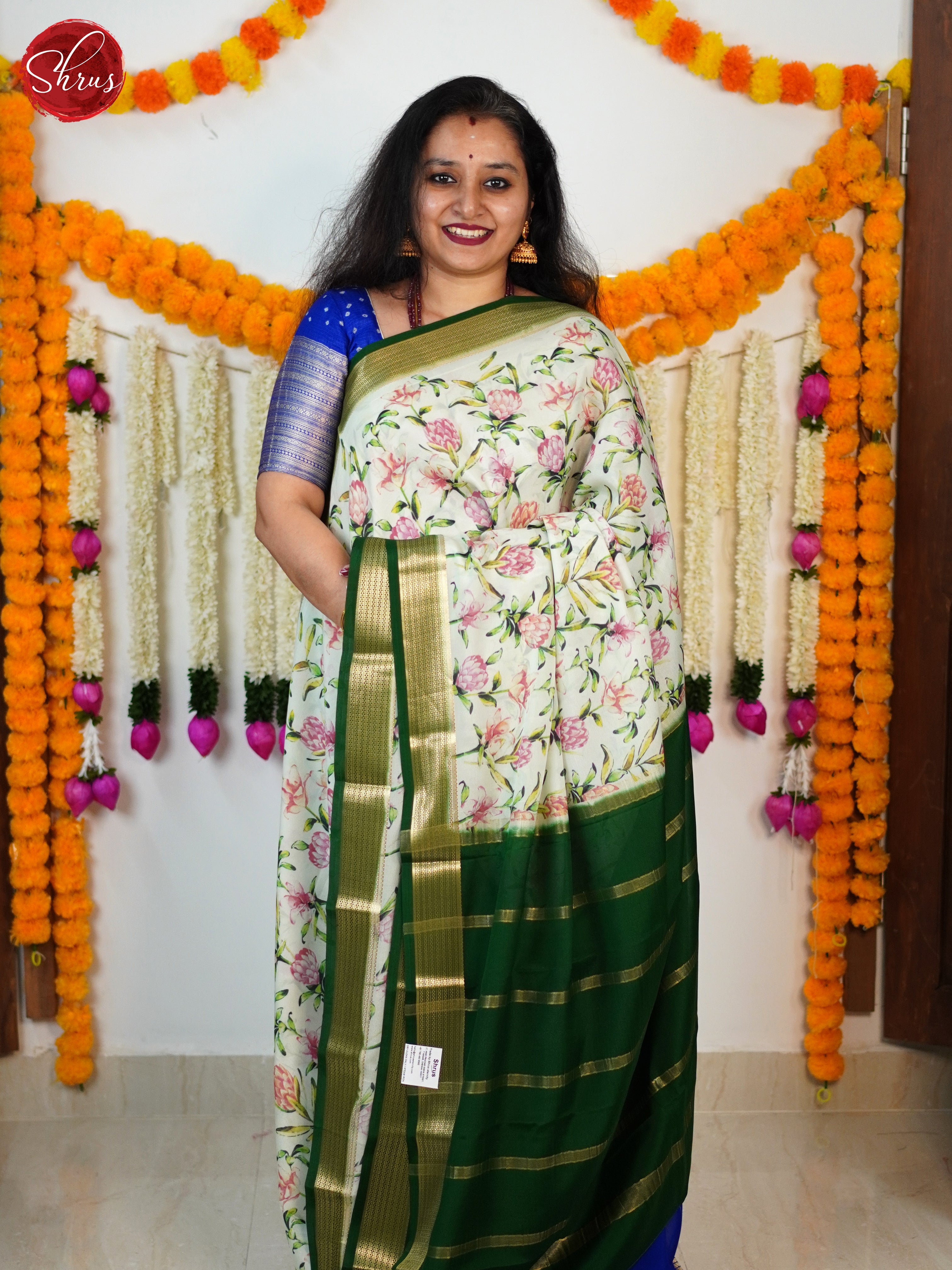 Cream & Green- Mysore Silk Saree - Shop on ShrusEternity.com