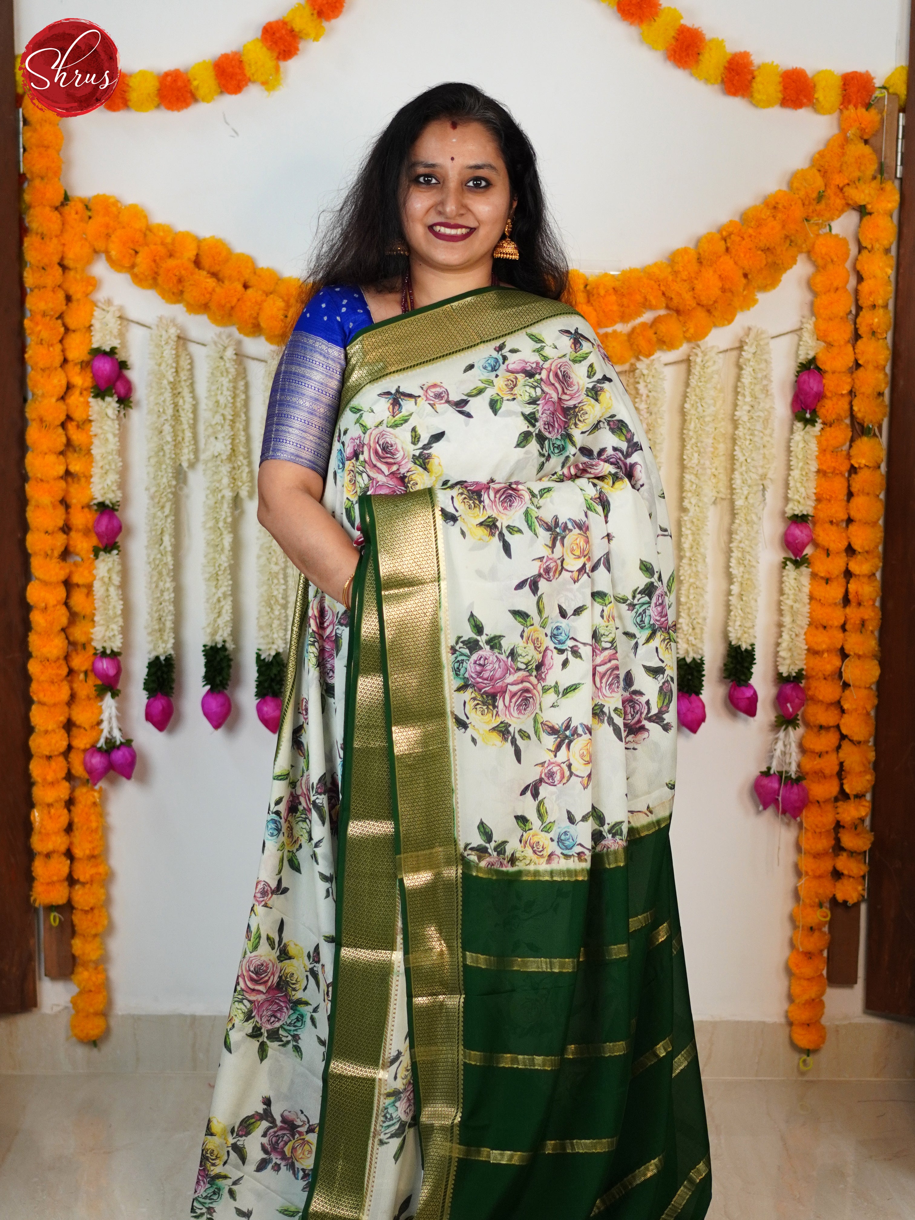 Cream & Green - Mysore Silk Saree - Shop on ShrusEternity.com