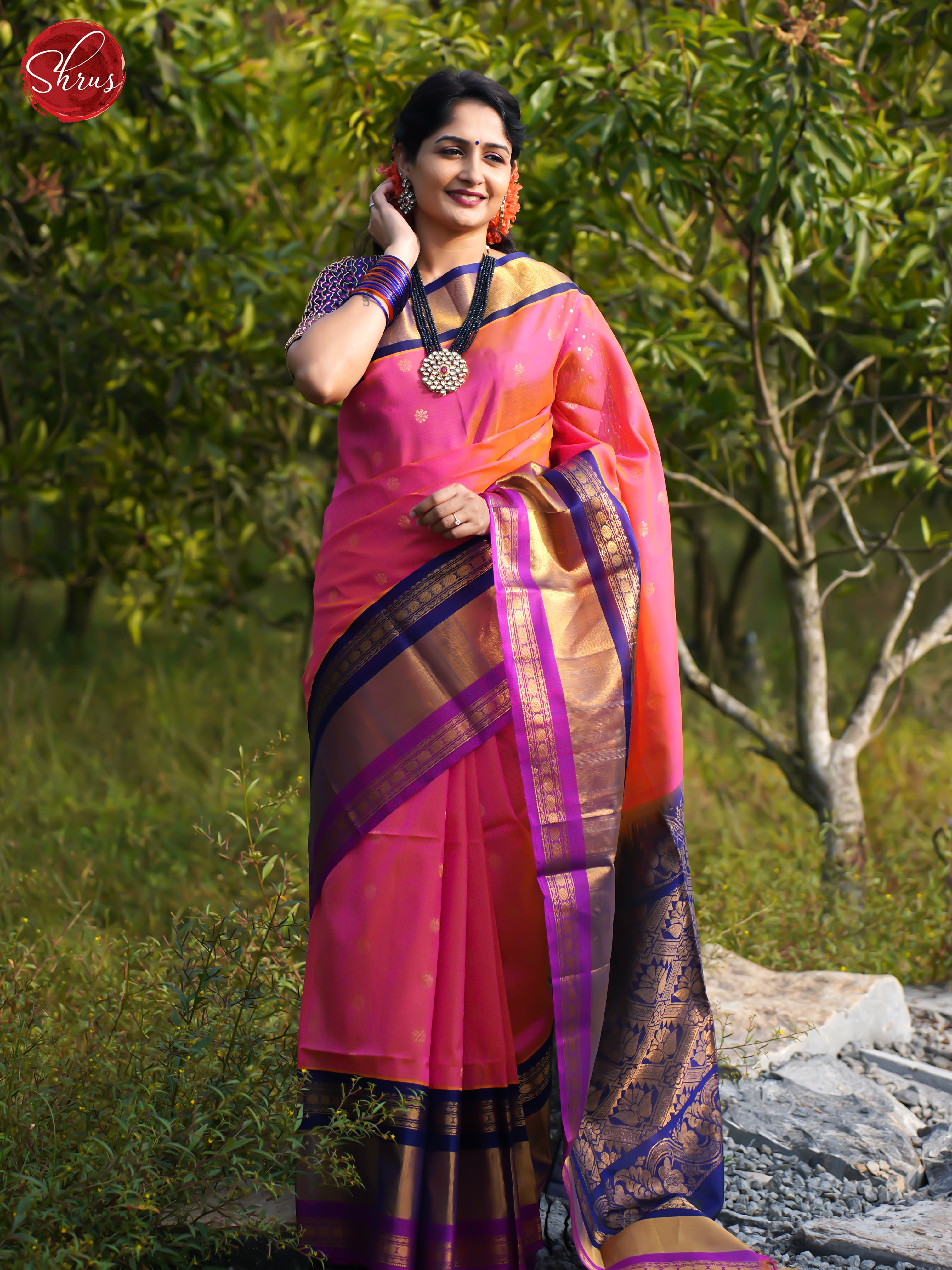 Pink And Blue-Silk cotton saree - Shop on ShrusEternity.com