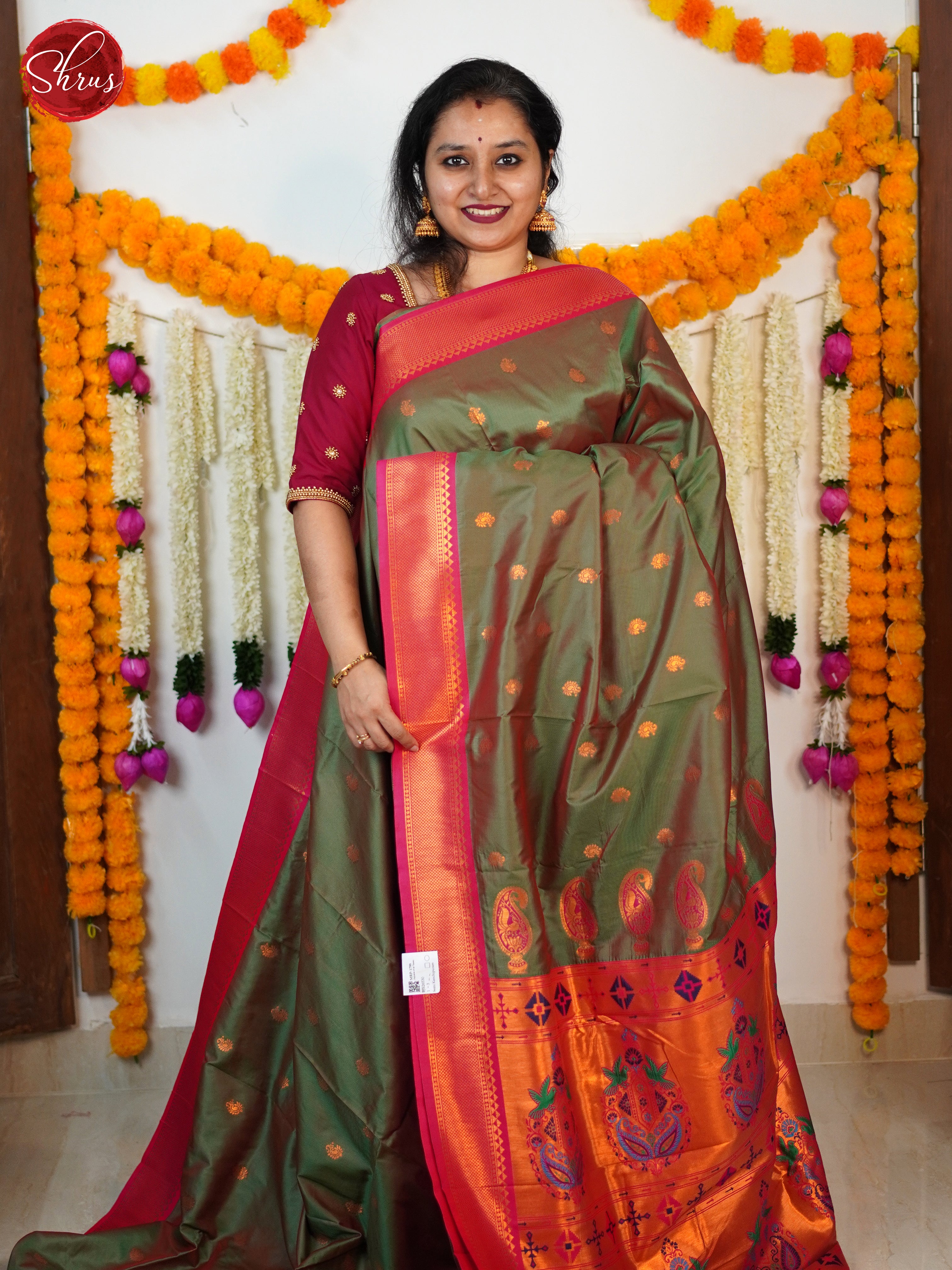 Double Shaded Green & Pink- Semi Kanchipuram Saree - Shop on ShrusEternity.com