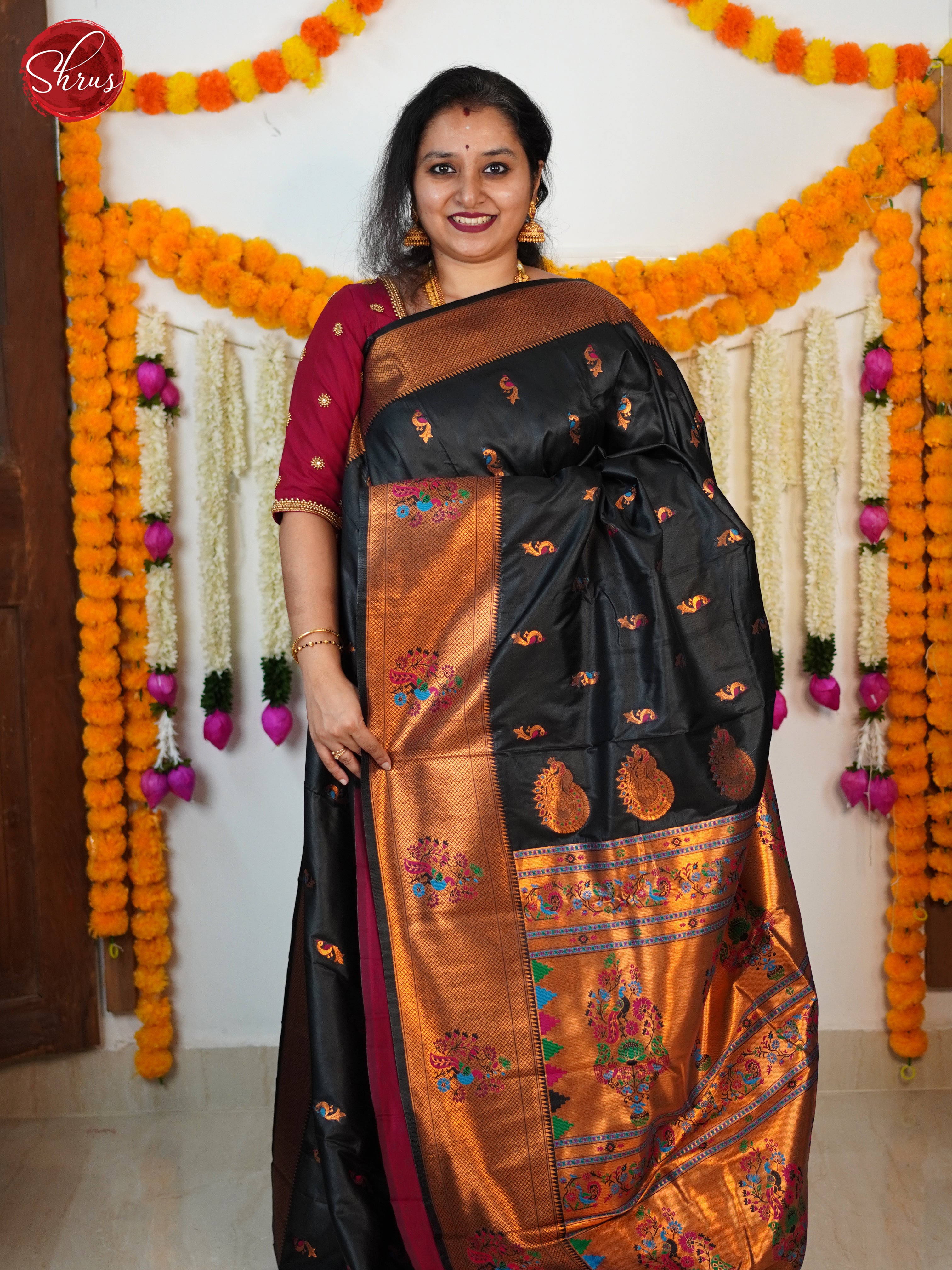 Black & Pink- Semi Paithani  Saree - Shop on ShrusEternity.com