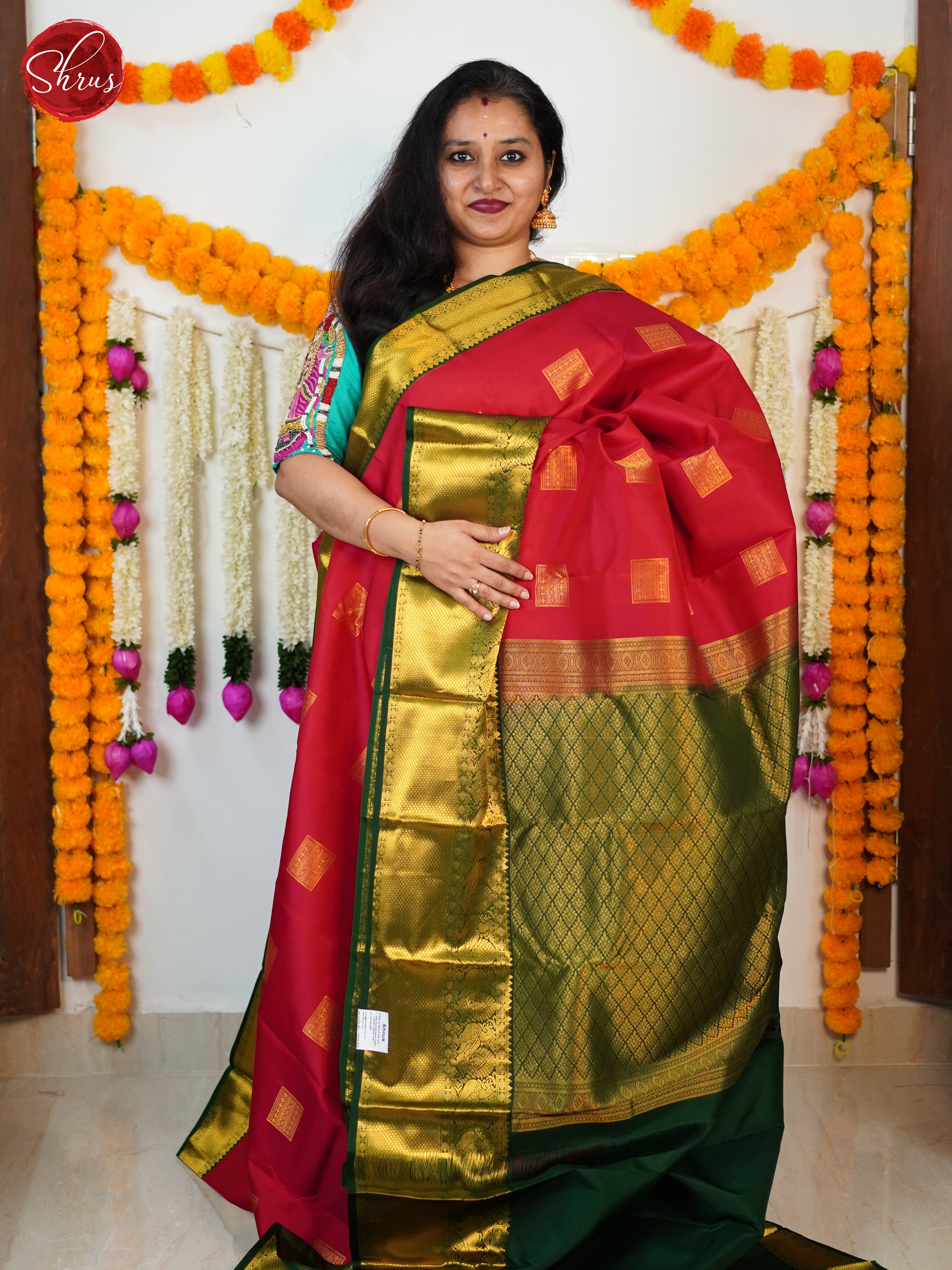 REd & Green -  Kanchipuram Silk Saree - Shop on ShrusEternity.com