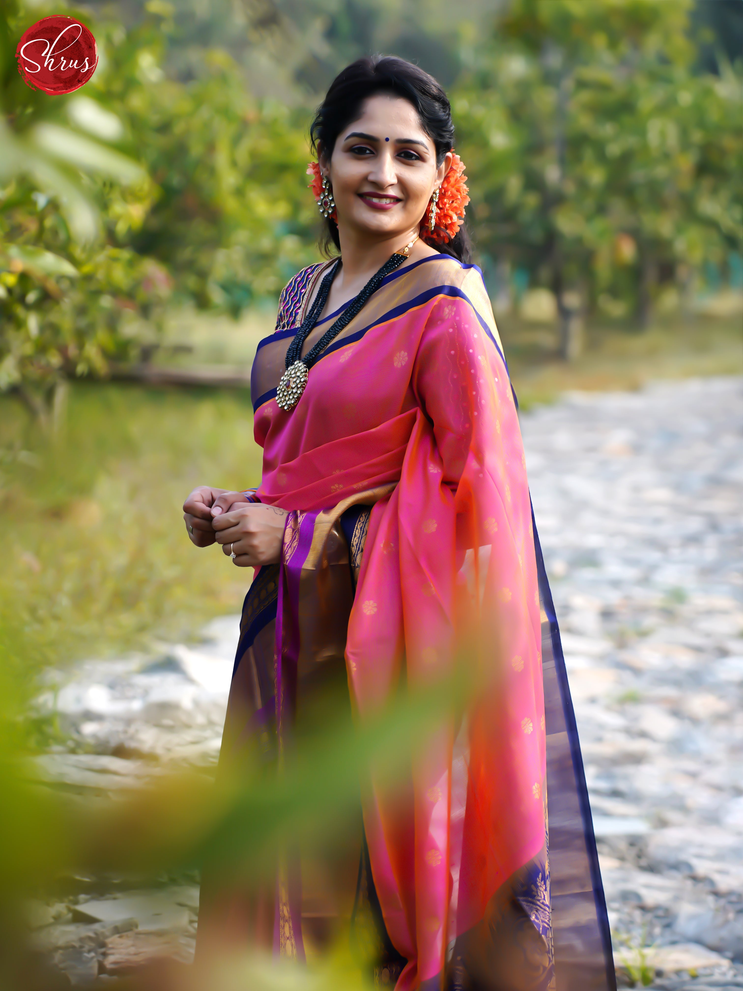 Pink And Blue-Silk cotton saree - Shop on ShrusEternity.com