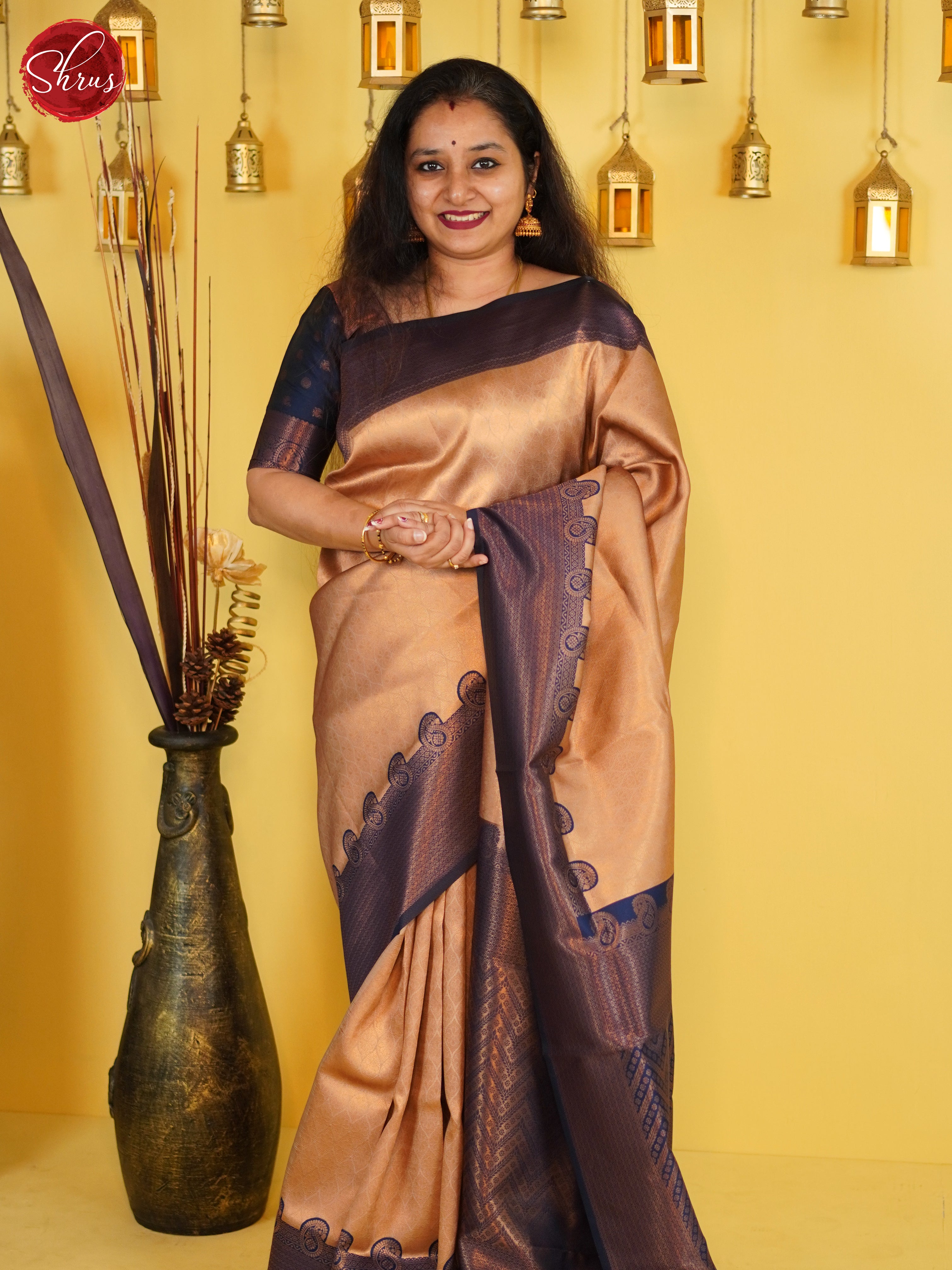 Beige & Blue - Semi Kanchipuram Saree - Shop on ShrusEternity.com