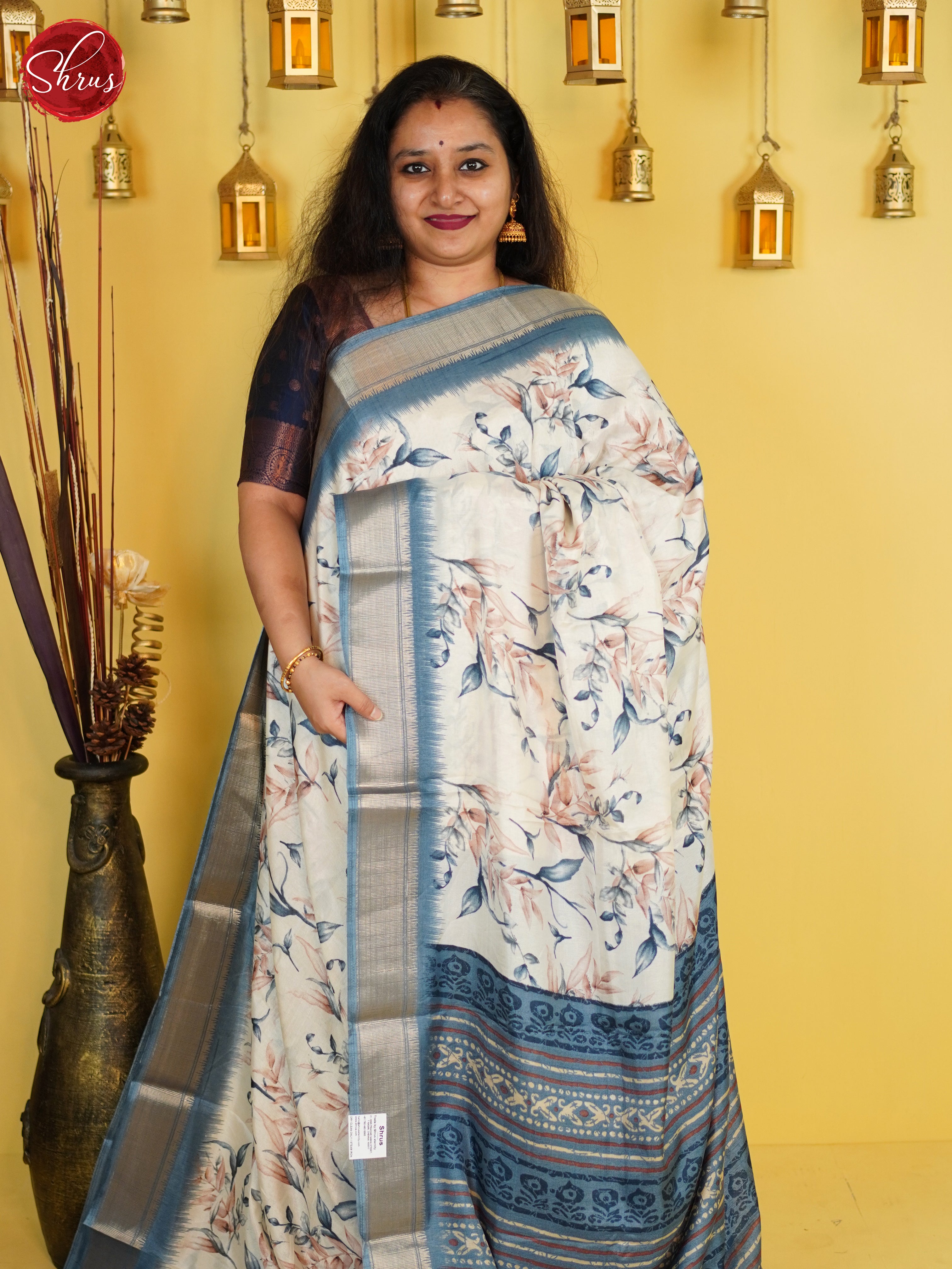 Cream & Grey - Semi Crepe Saree - Shop on ShrusEternity.com