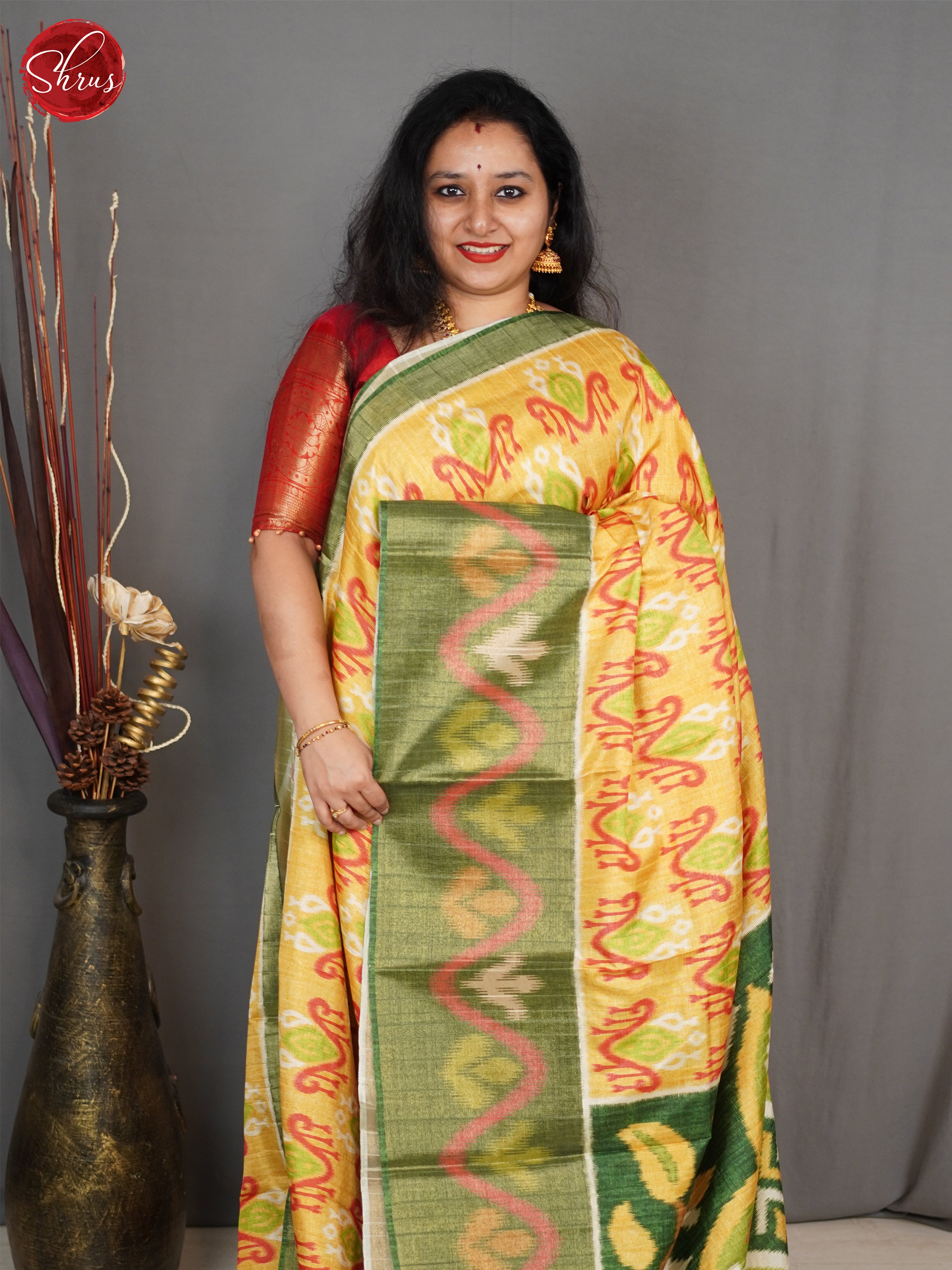 Yellow  & Green- Semi Pochampally Saree - Shop on ShrusEternity.com