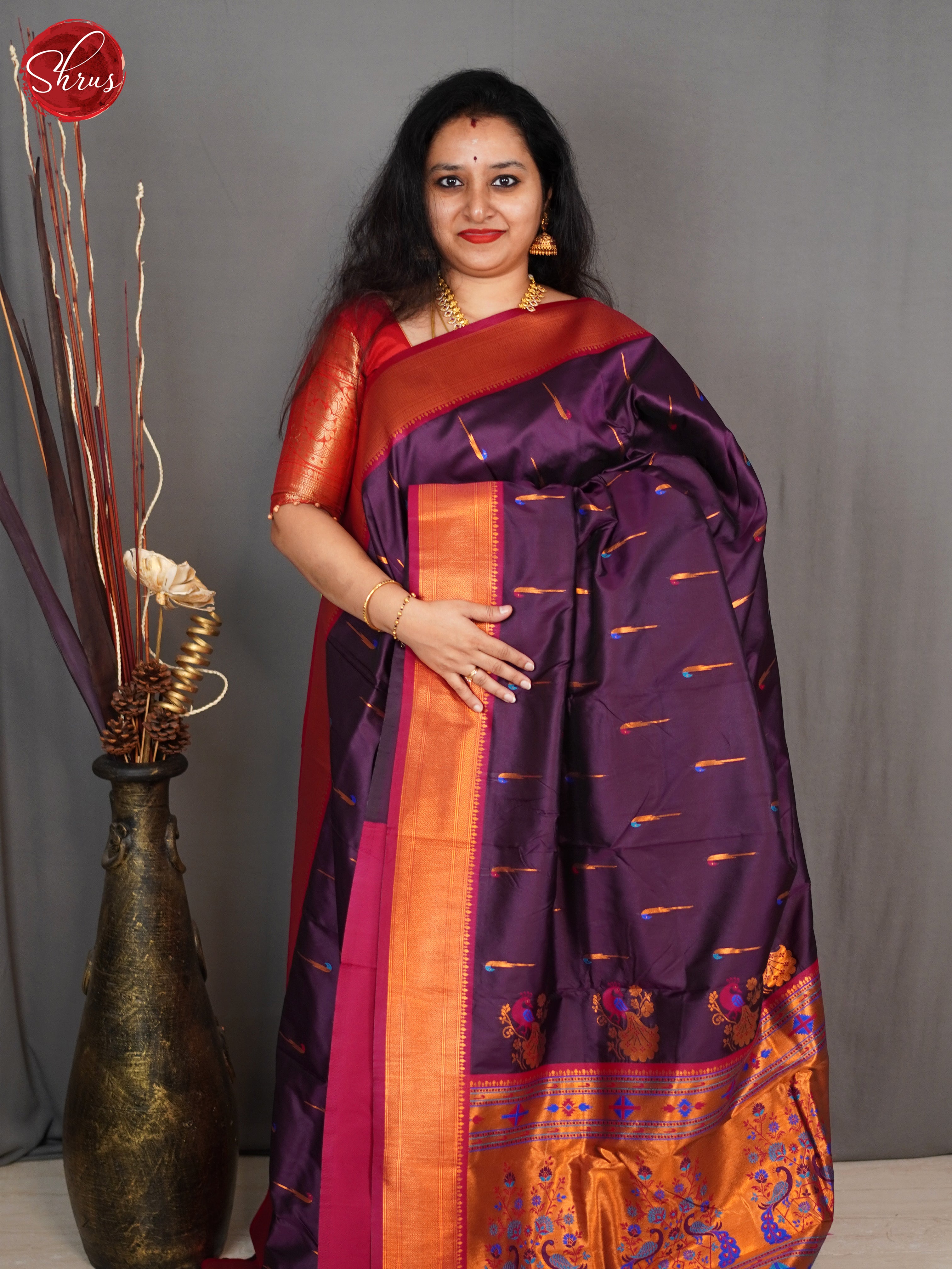 Wine & Red - Semi Paithani Saree - Shop on ShrusEternity.com