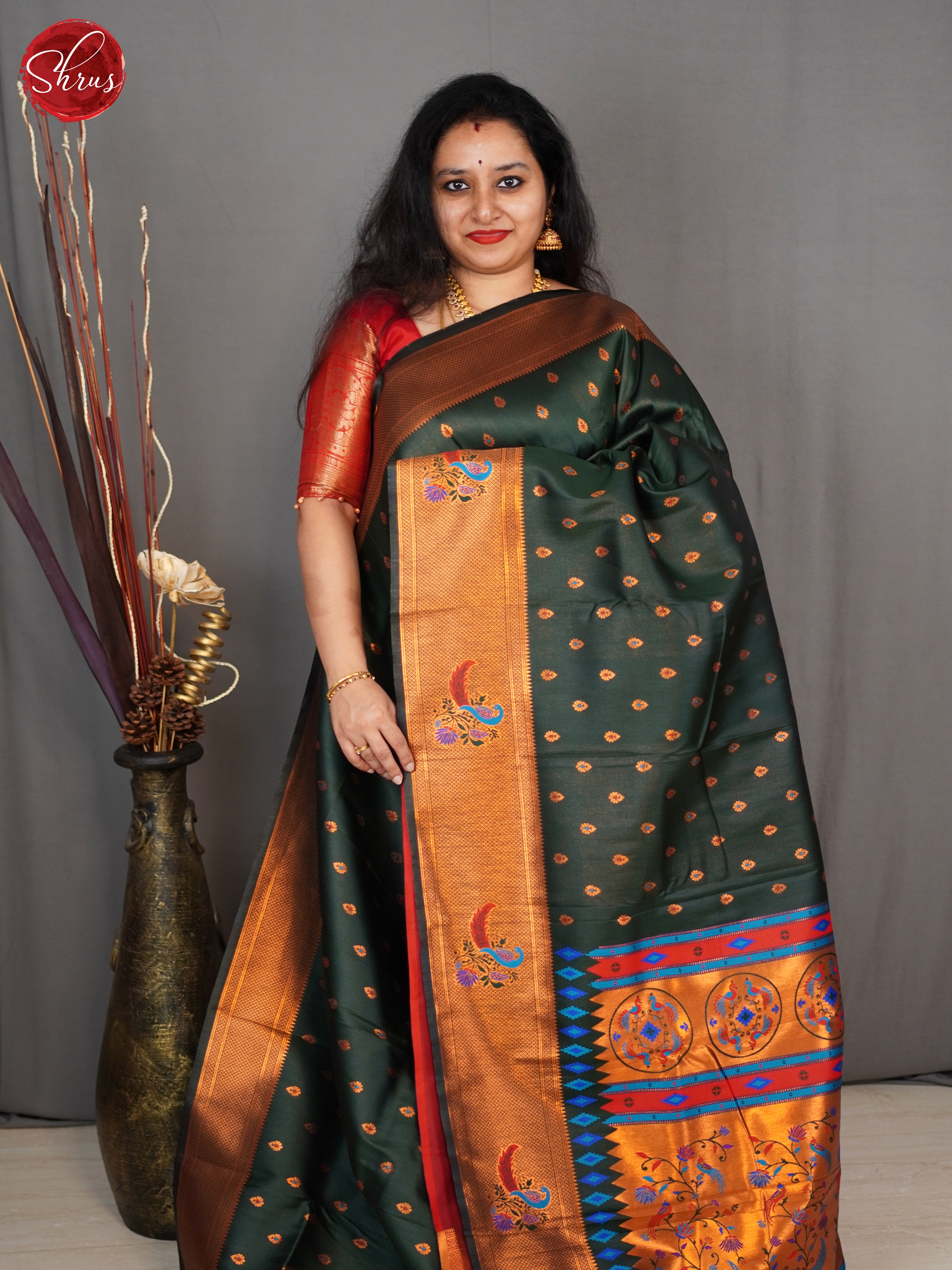 Bottle Green & Red  - Semi Paithani Saree - Shop on ShrusEternity.com