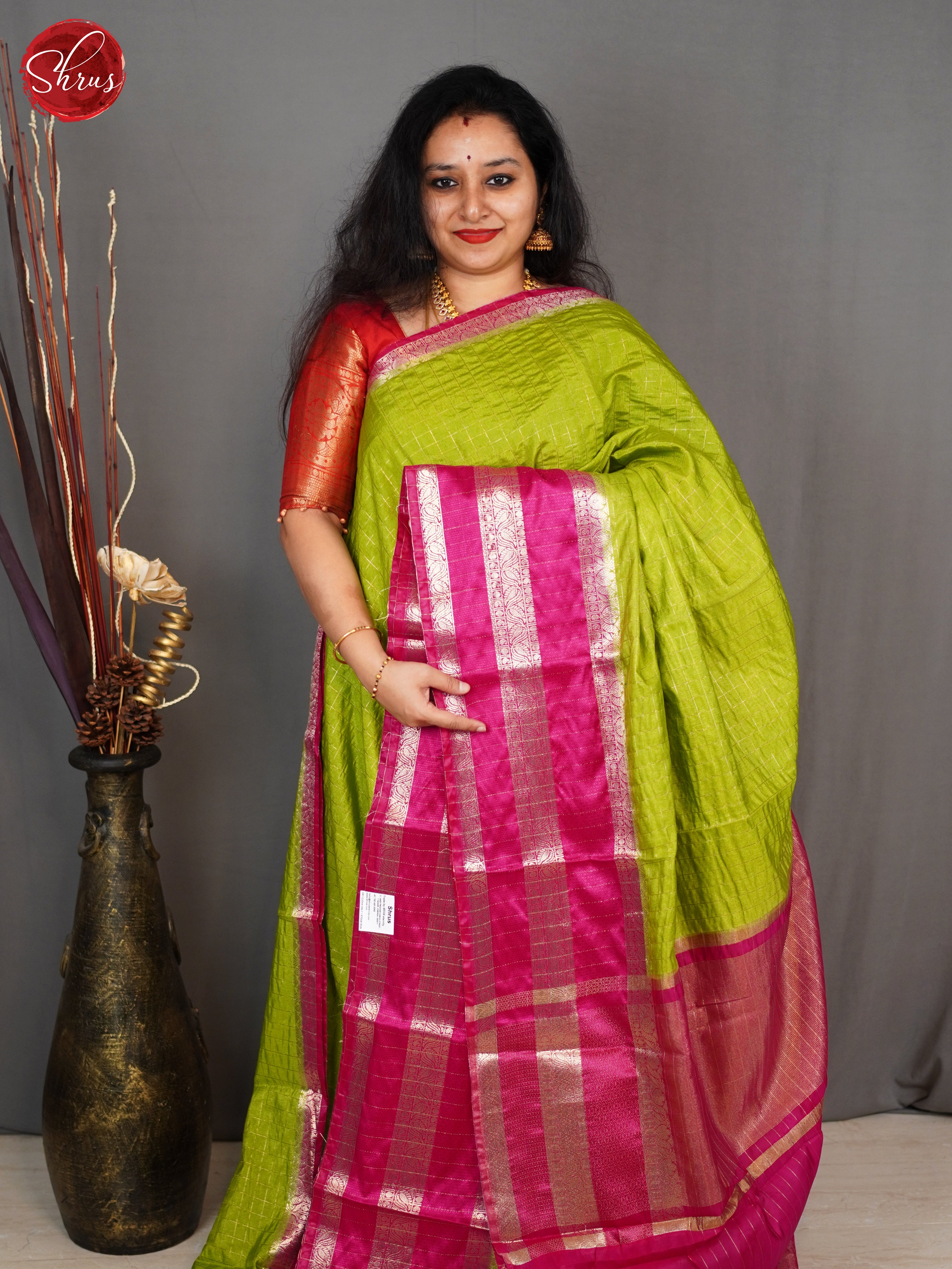 Green & Pink - Semi Dupion Saree - Shop on ShrusEternity.com