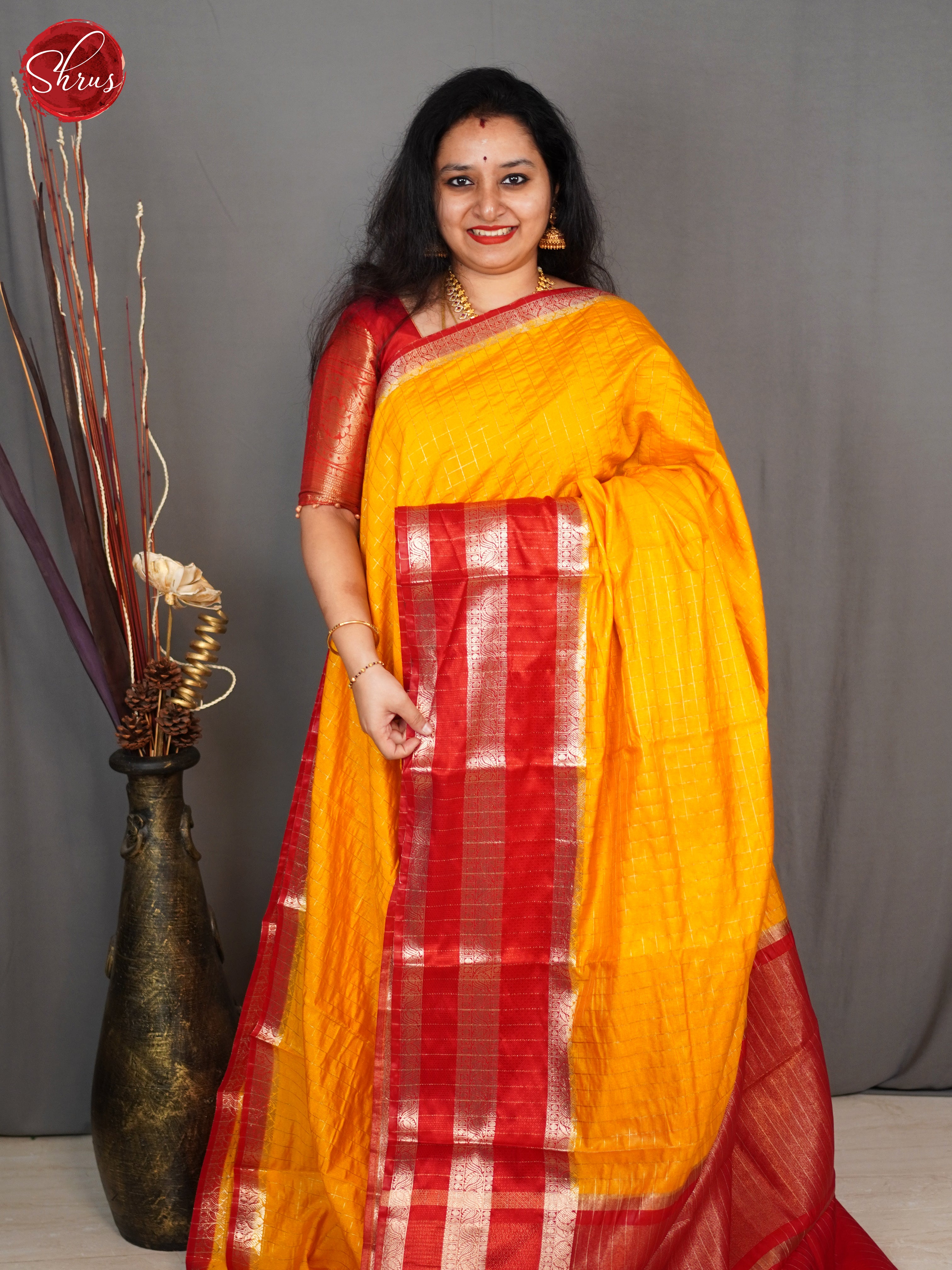 Yellow & Red - Semi Dupion Saree - Shop on ShrusEternity.com