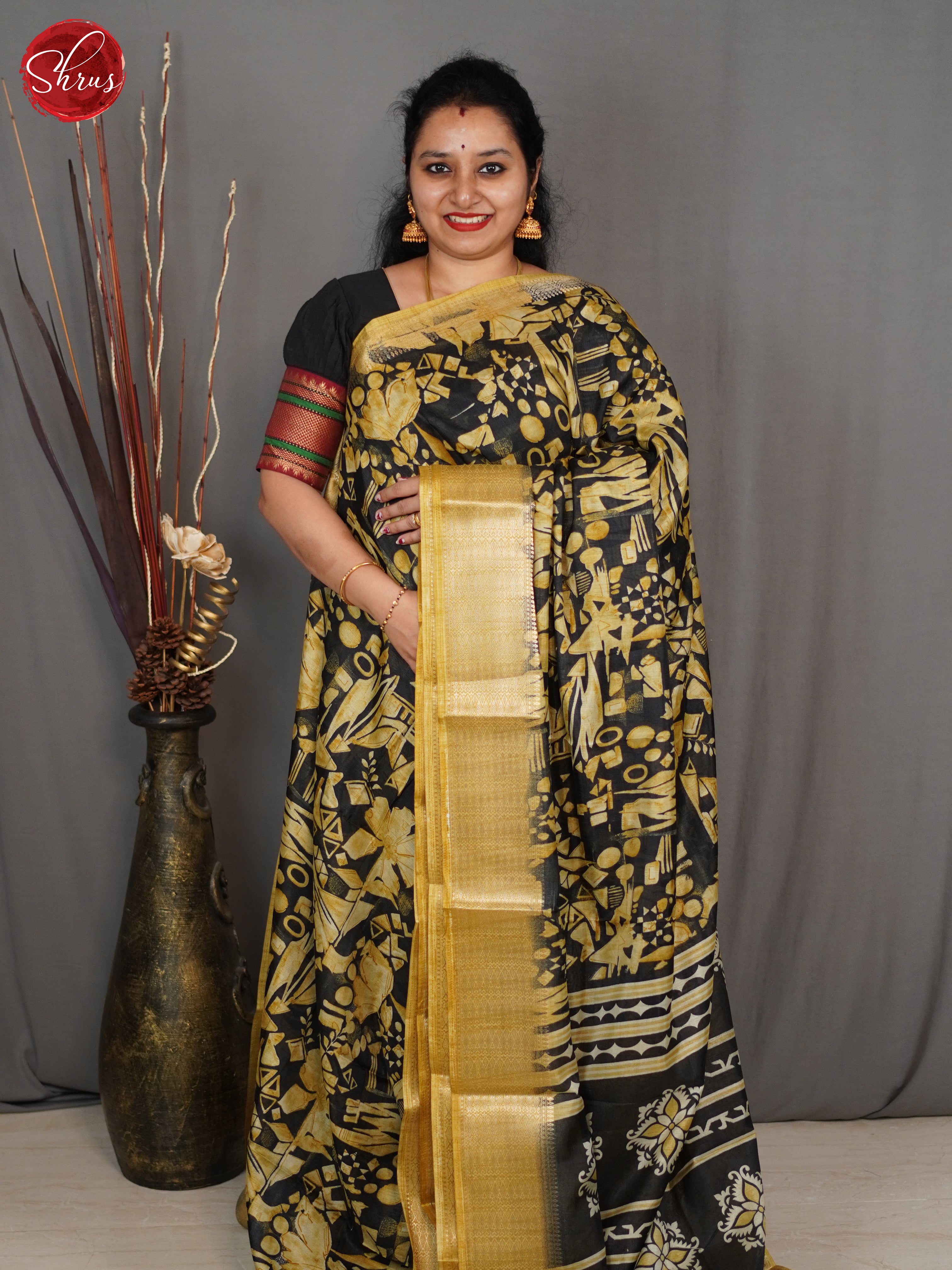 Black & Mustard - Semi Crepe Saree - Shop on ShrusEternity.com