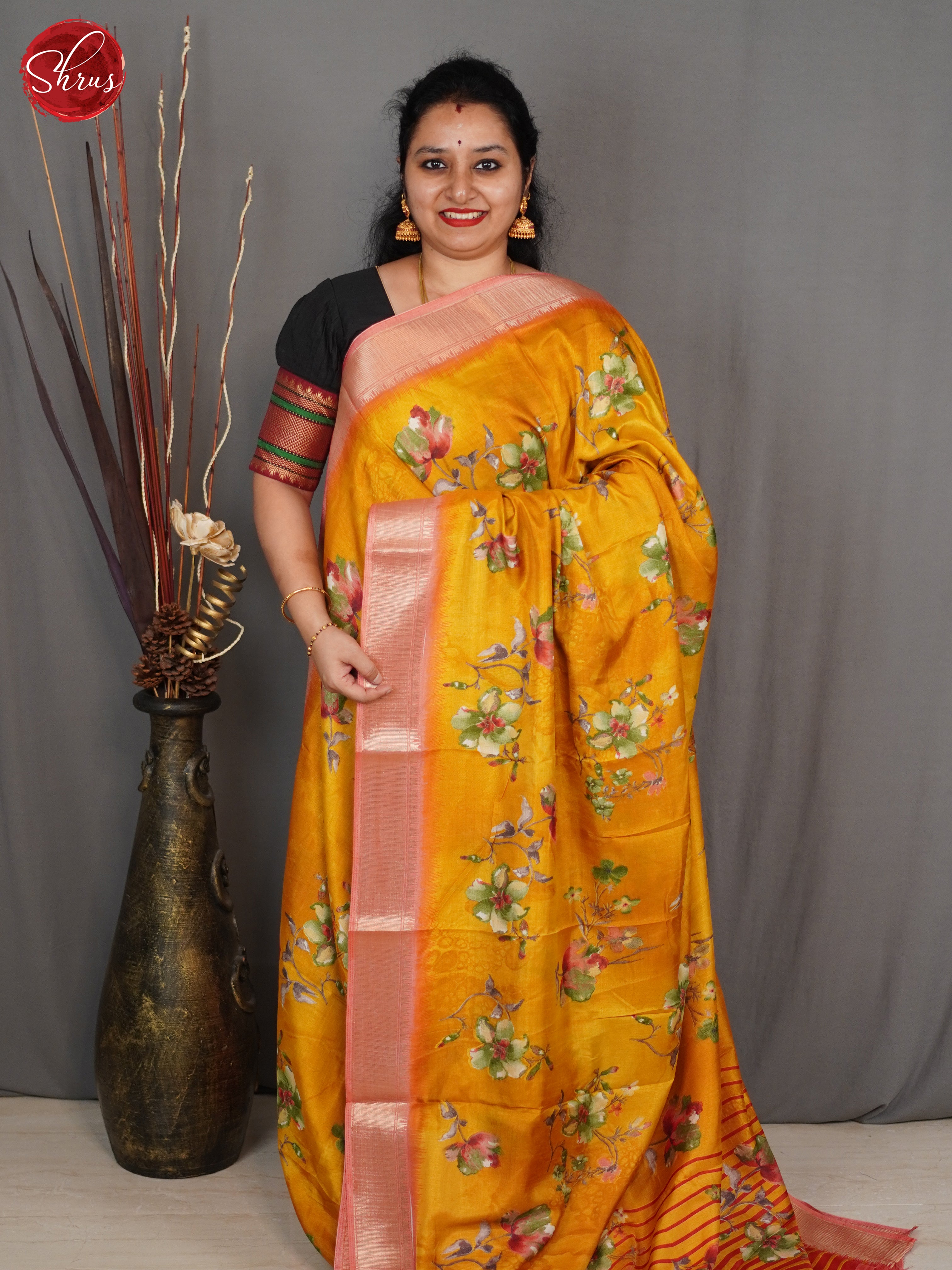 Yellow & Pink - Semi crepe Saree - Shop on ShrusEternity.com