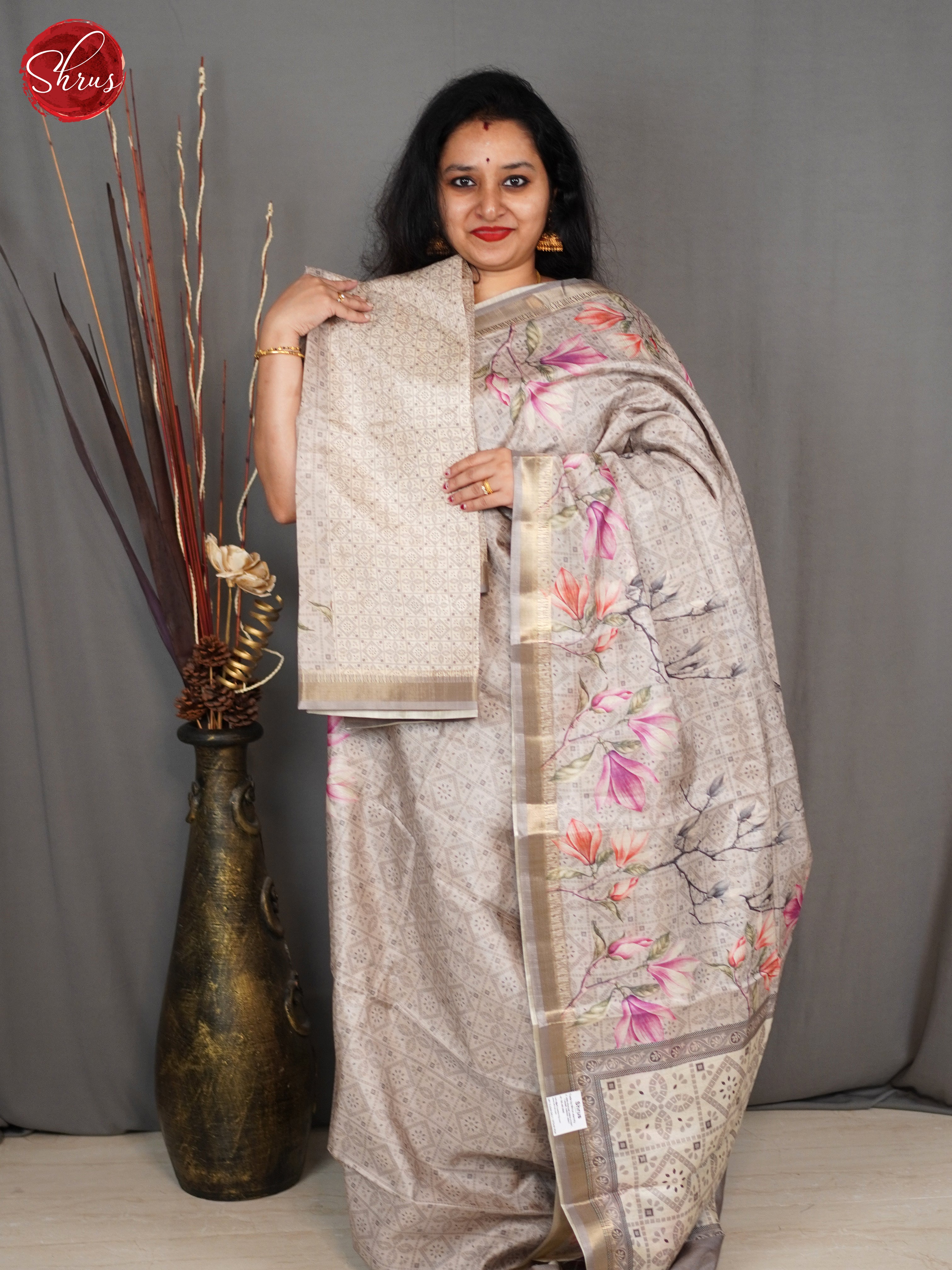 Grey(Single Tone) - Semi Tussar Saree - Shop on ShrusEternity.com