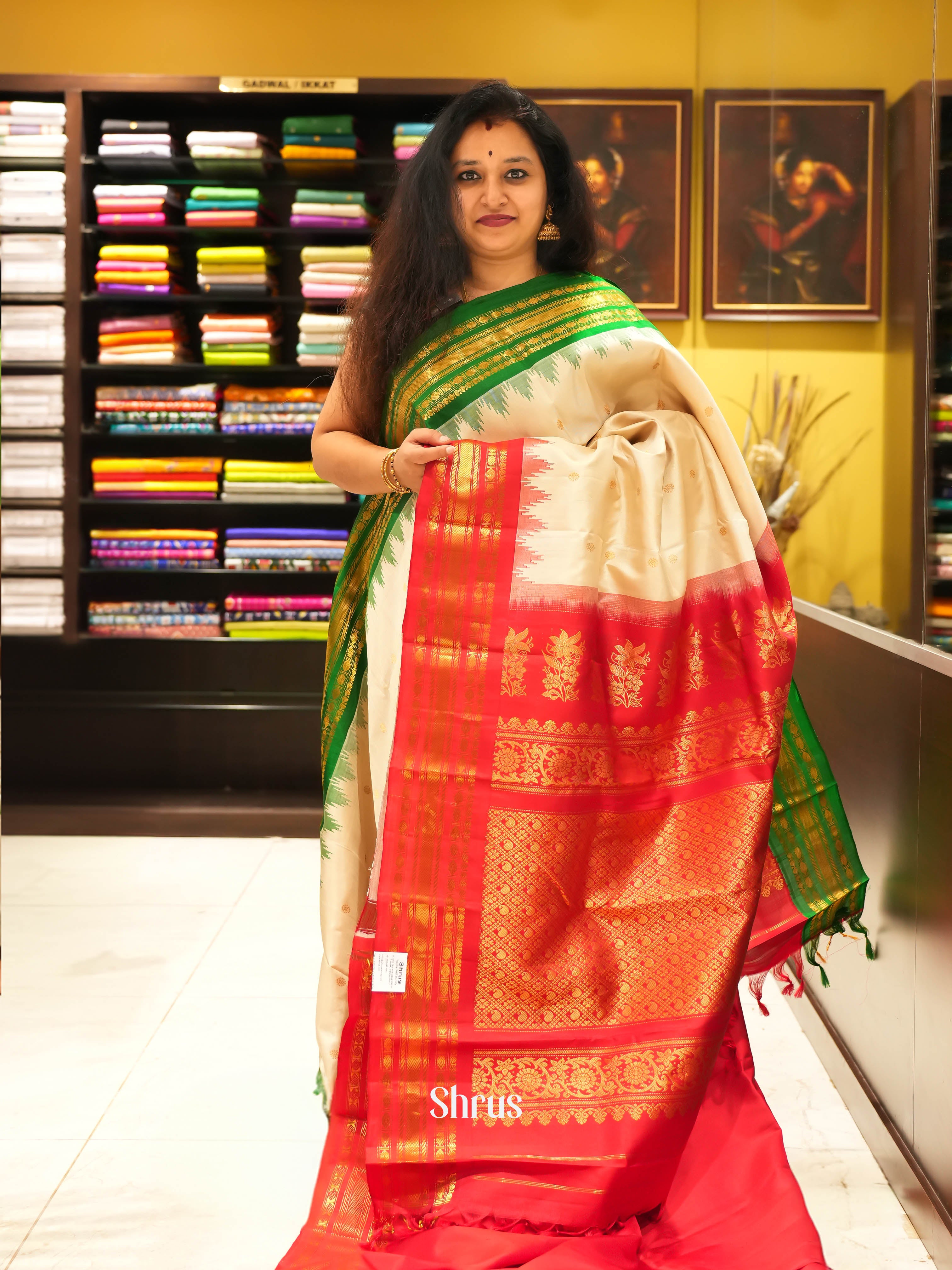 Beige, Green & Pink (Ganga Jamuna) - Gadwal silk  Saree