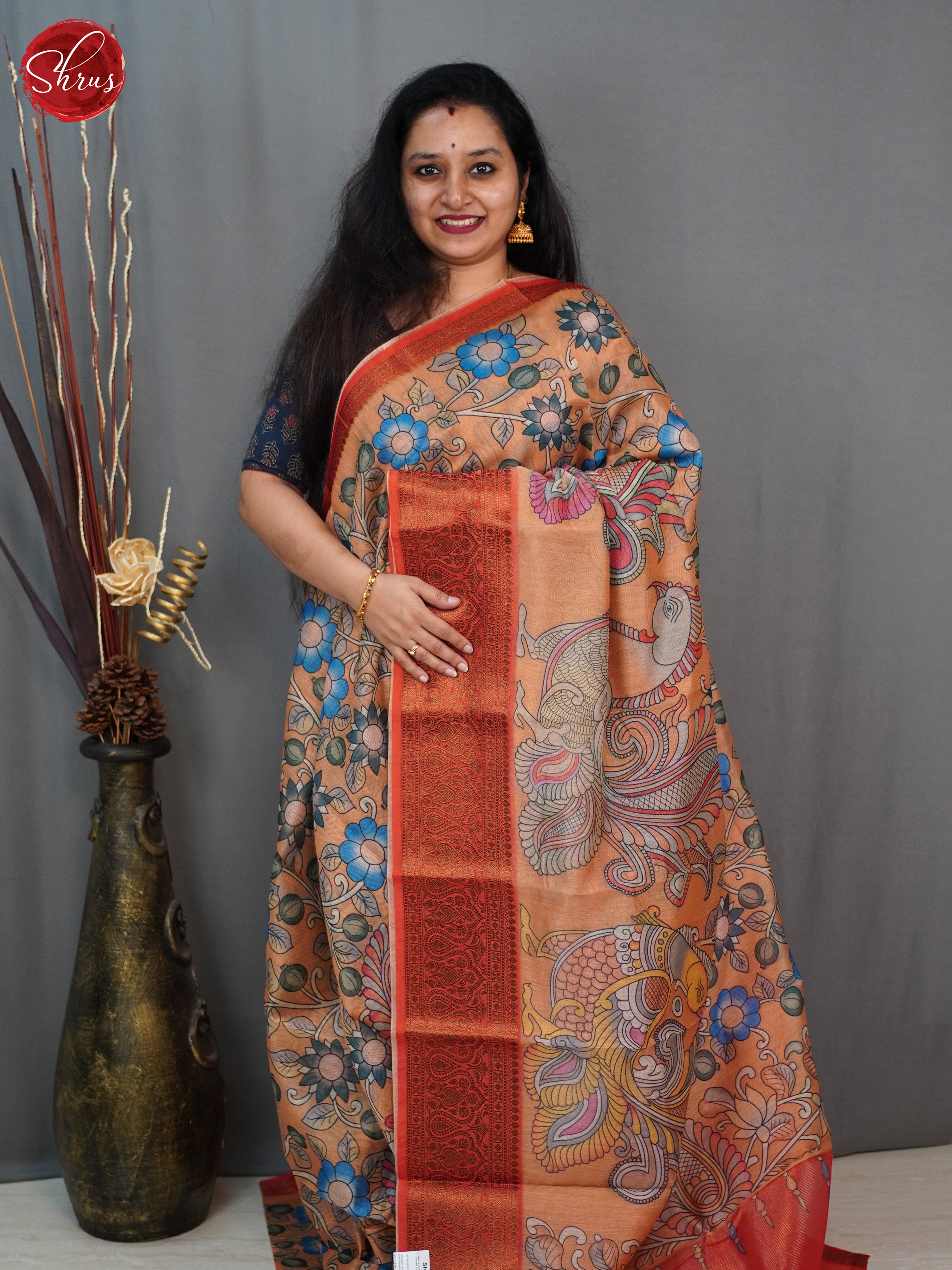 Light Orange & Orange -Semi Chanderi with Kalamkari floral print on the body &  Border - Shop on ShrusEternity.com