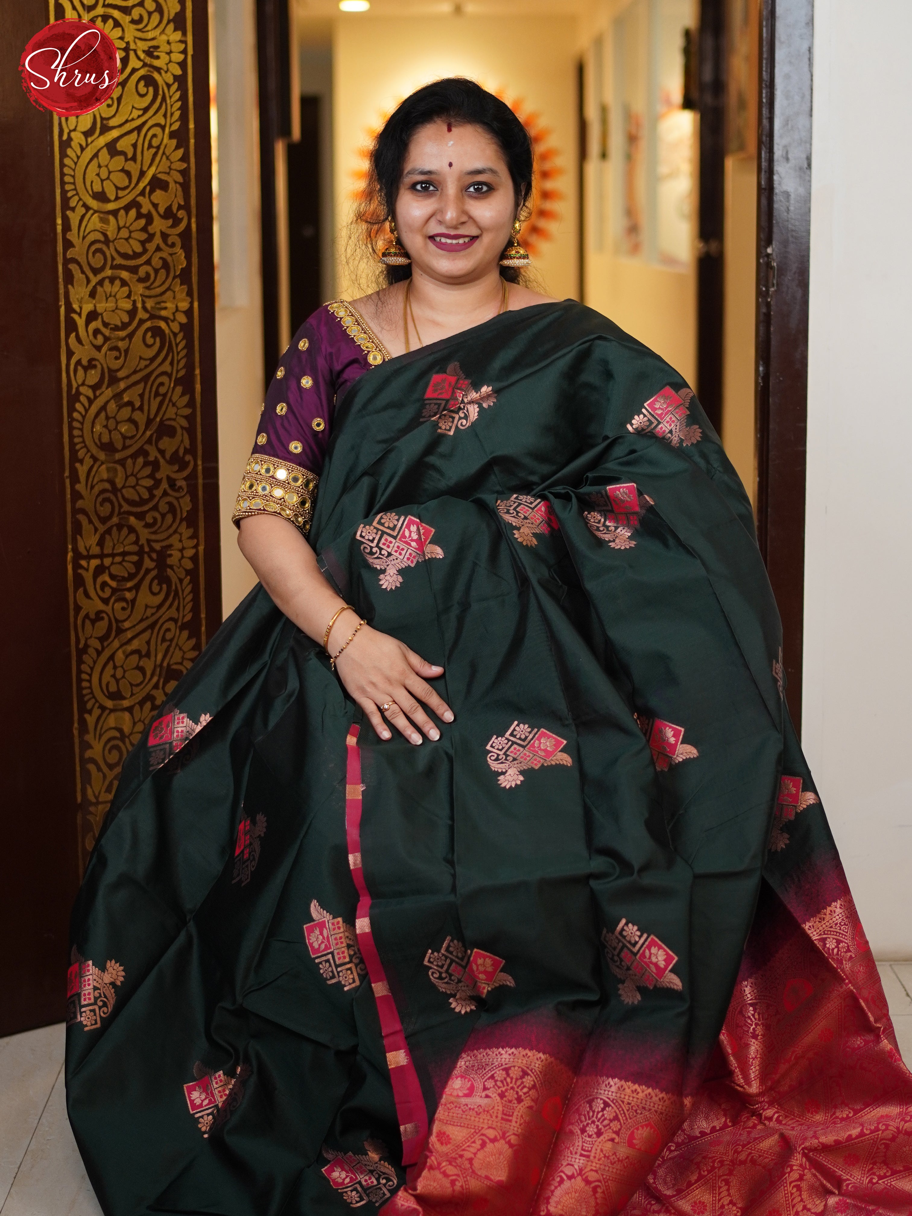 Bottle Green & Pink- Semi Softsilk Saree - Shop on ShrusEternity.com