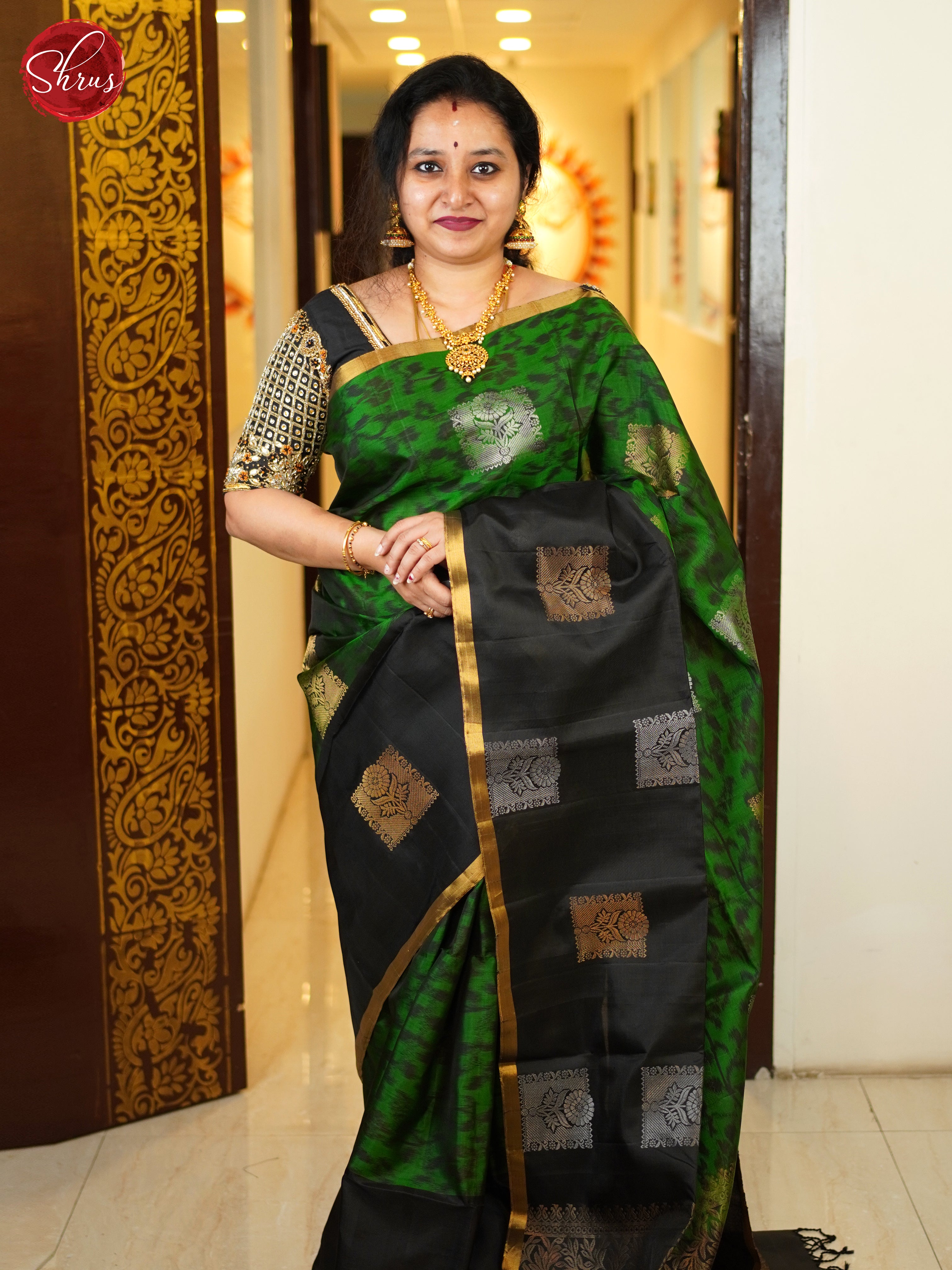 Green & Black  - Soft Silk Saree - Shop on ShrusEternity.com