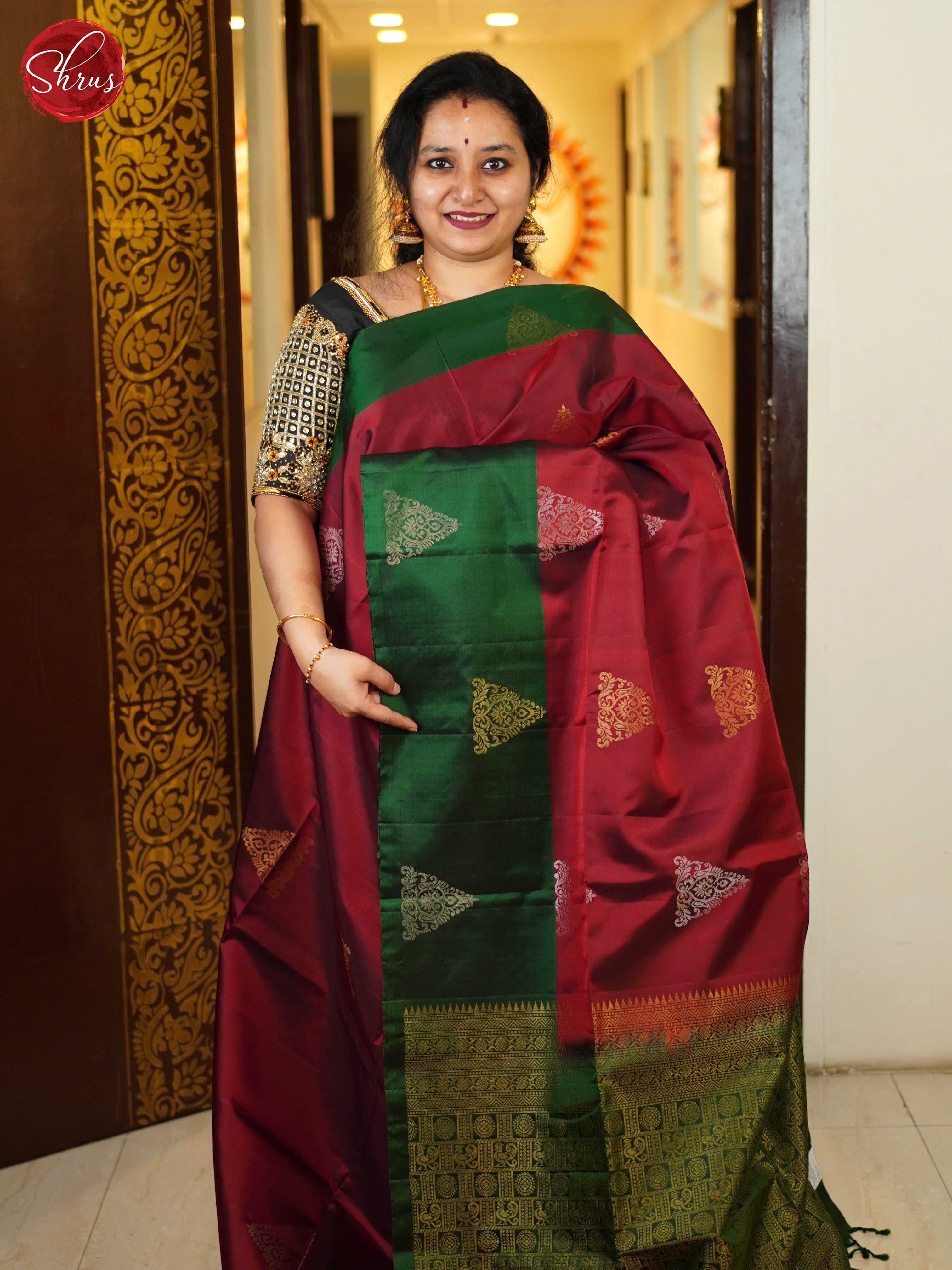 Maroon & Green- Soft Silk Saree - Shop on ShrusEternity.com