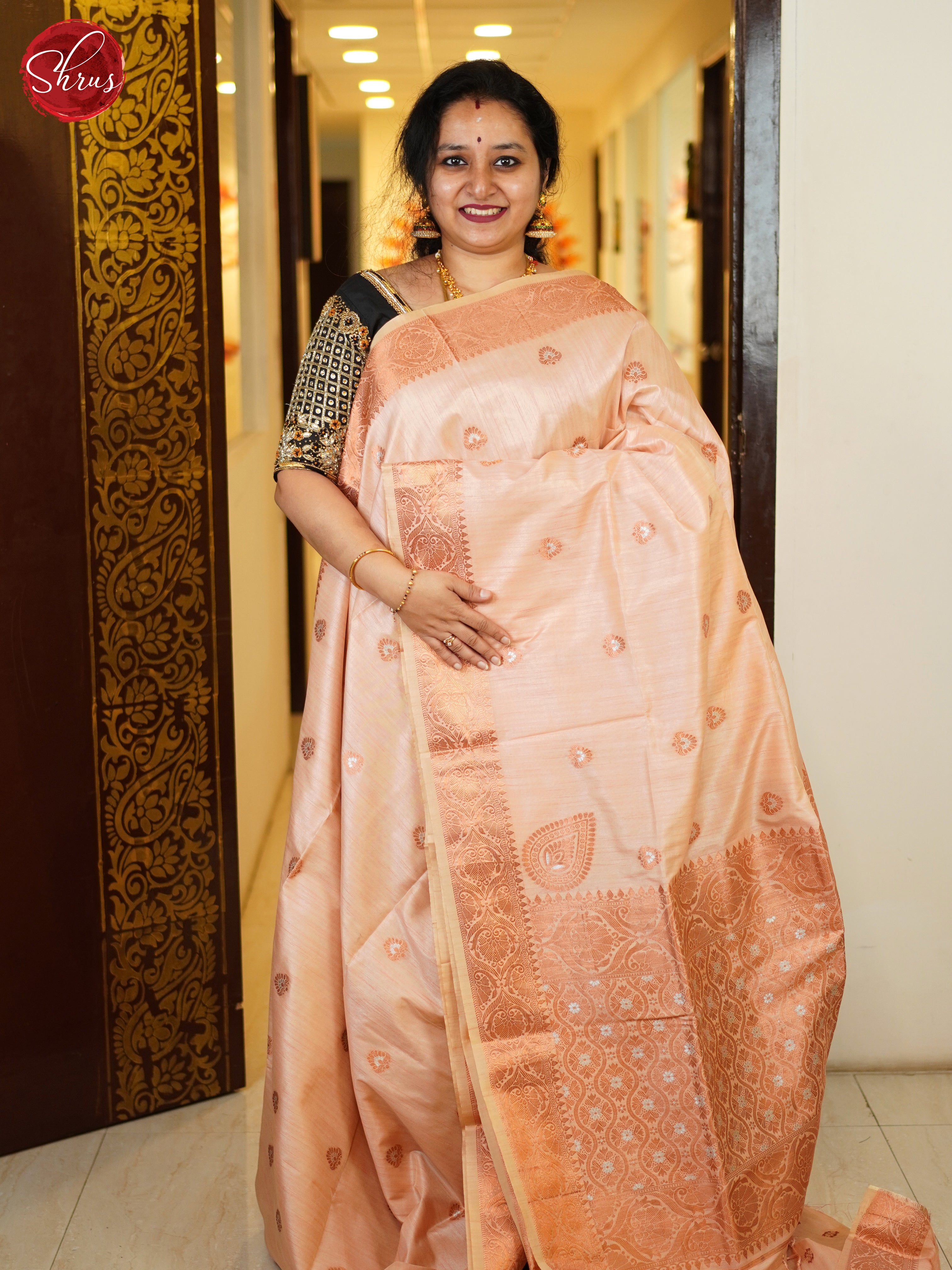 Light Pink(Single Tone) - Semi Banarasi with zari woven floral buttas on the body& Zari Border - Shop on ShrusEternity.com